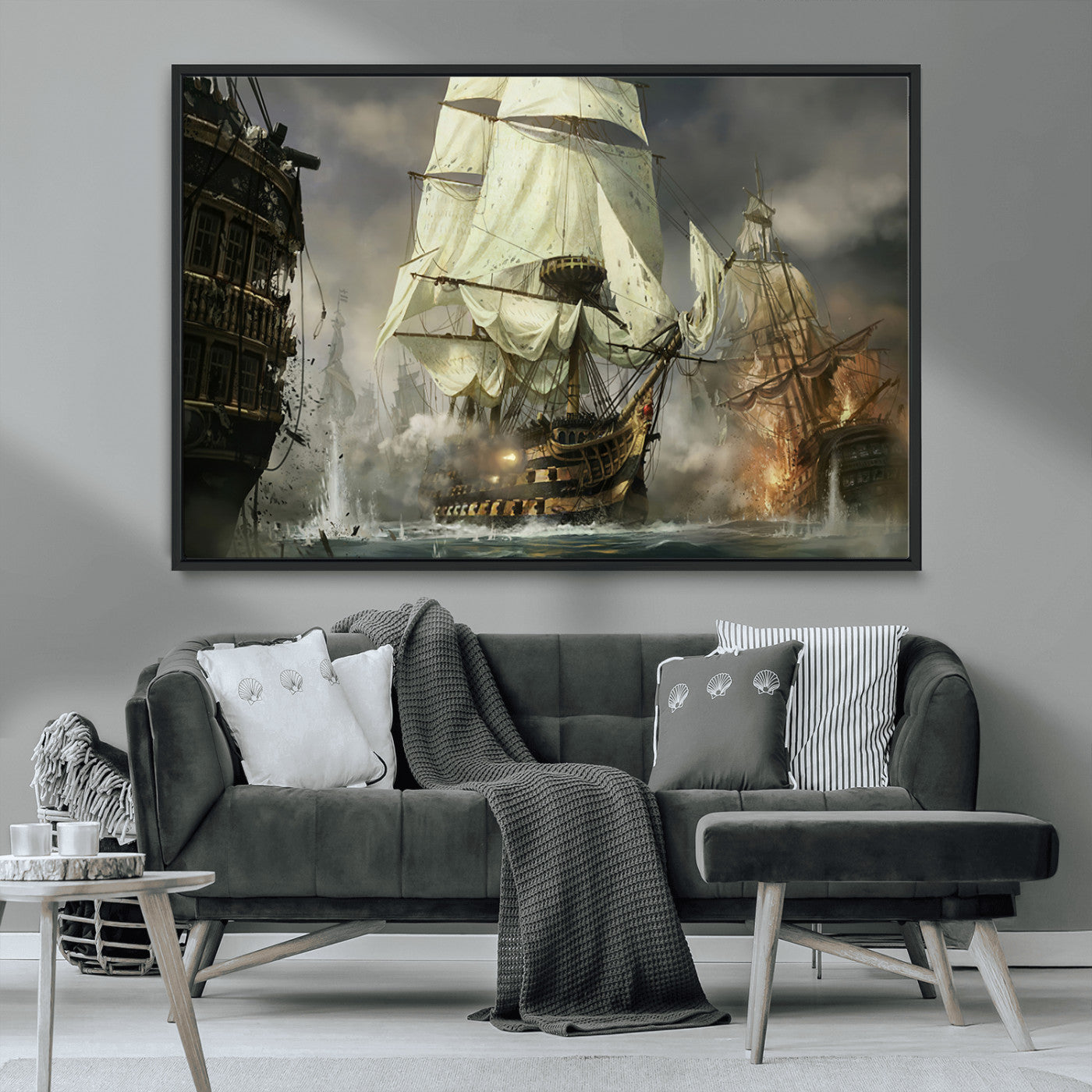 26512-MGV-CV-36X24-Naval Battle Wall Art – Dramatic Tall Ship Canvas Print, Historic Pirate Sailing War Scene, Nautical Decor for Office, Study or