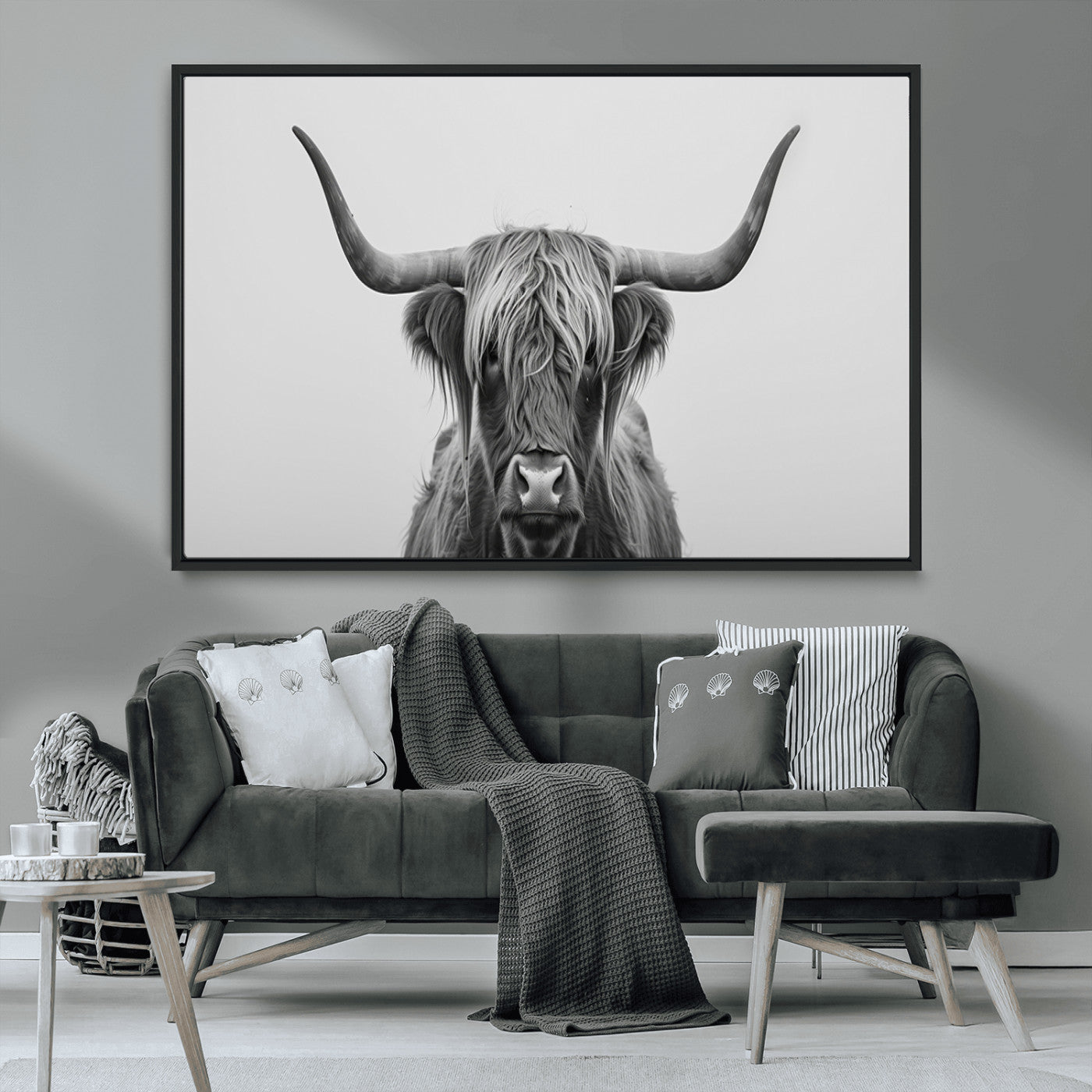 35820-MGV-CV-36X24-Minimalist Highland Cow Wall Art – Black and White Longhorn Cattle Canvas Print, Modern Farmhouse Animal Photography Decor for