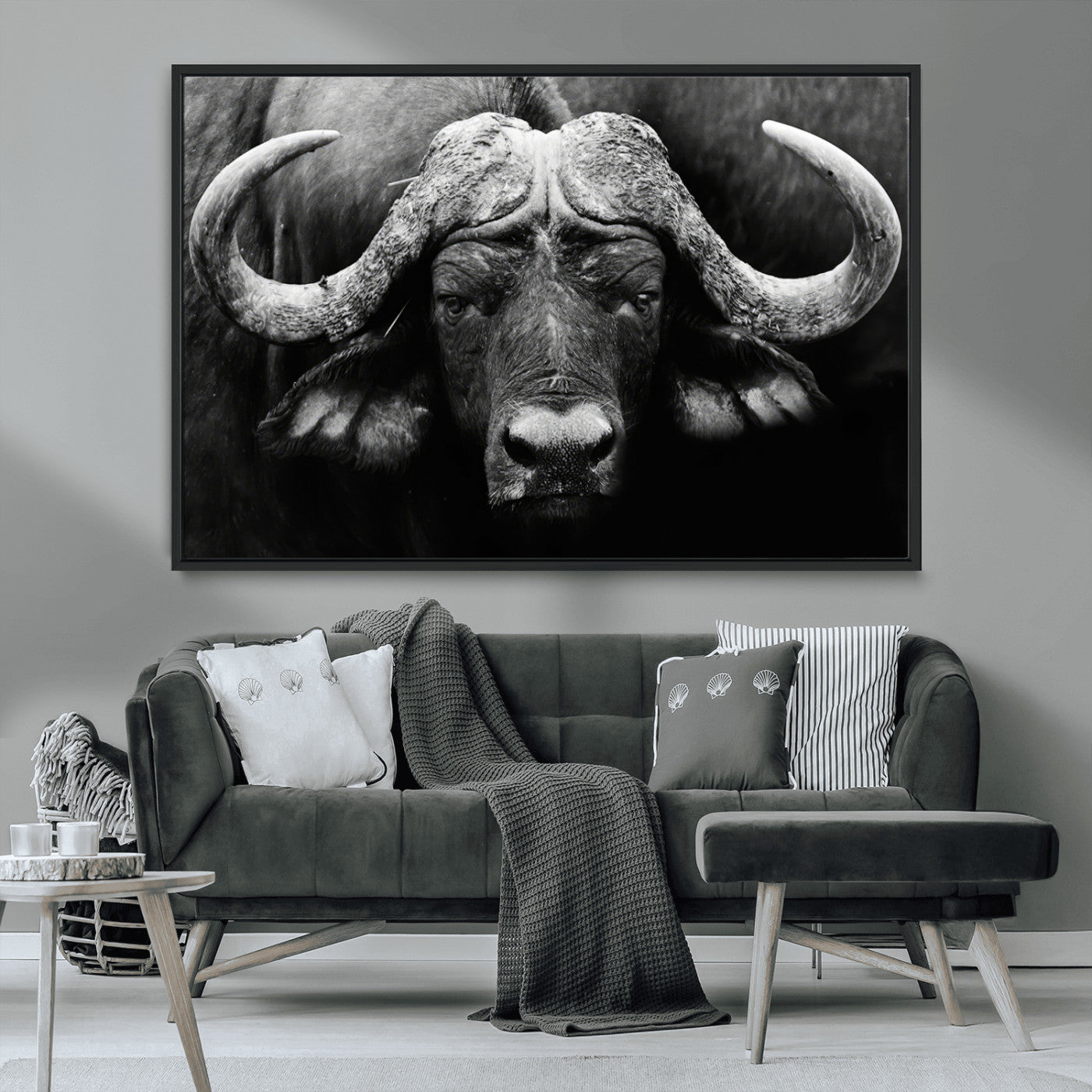 75273-MGV-CV-36X24-Buffalo Wall Art – Black and White African Buffalo Canvas Print, Rustic Wildlife Animal Artwork for Farmhouse, Living Room,