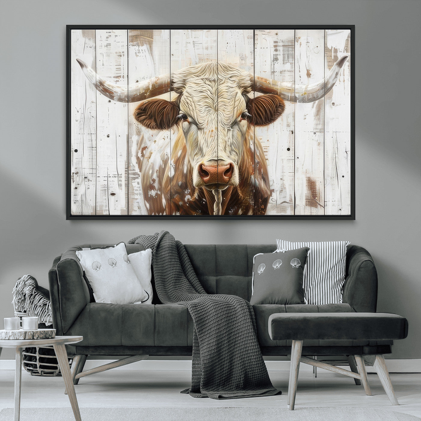 71551-MGV-CV-36X24-Longhorn Bull Wall Art – Rustic Western Cow Canvas Print, Farmhouse Animal Painting with Wood Plank Style for Living Room, Office