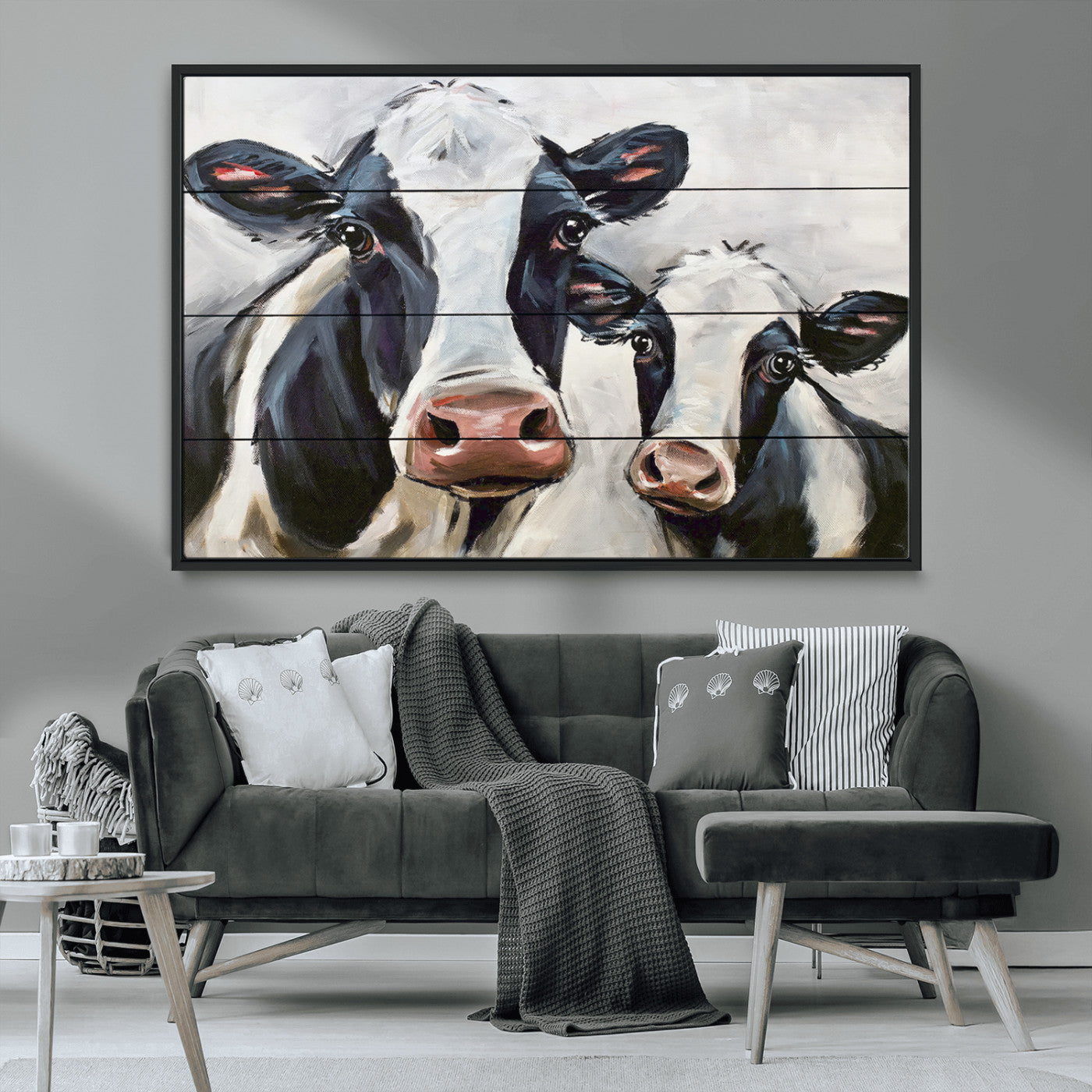 28934-MGV-CV-36X24-Farmhouse Cow Wall Art – Rustic Black and White Dairy Cattle Canvas Print, Country Barn Animal Painting for Kitchen, Living Room