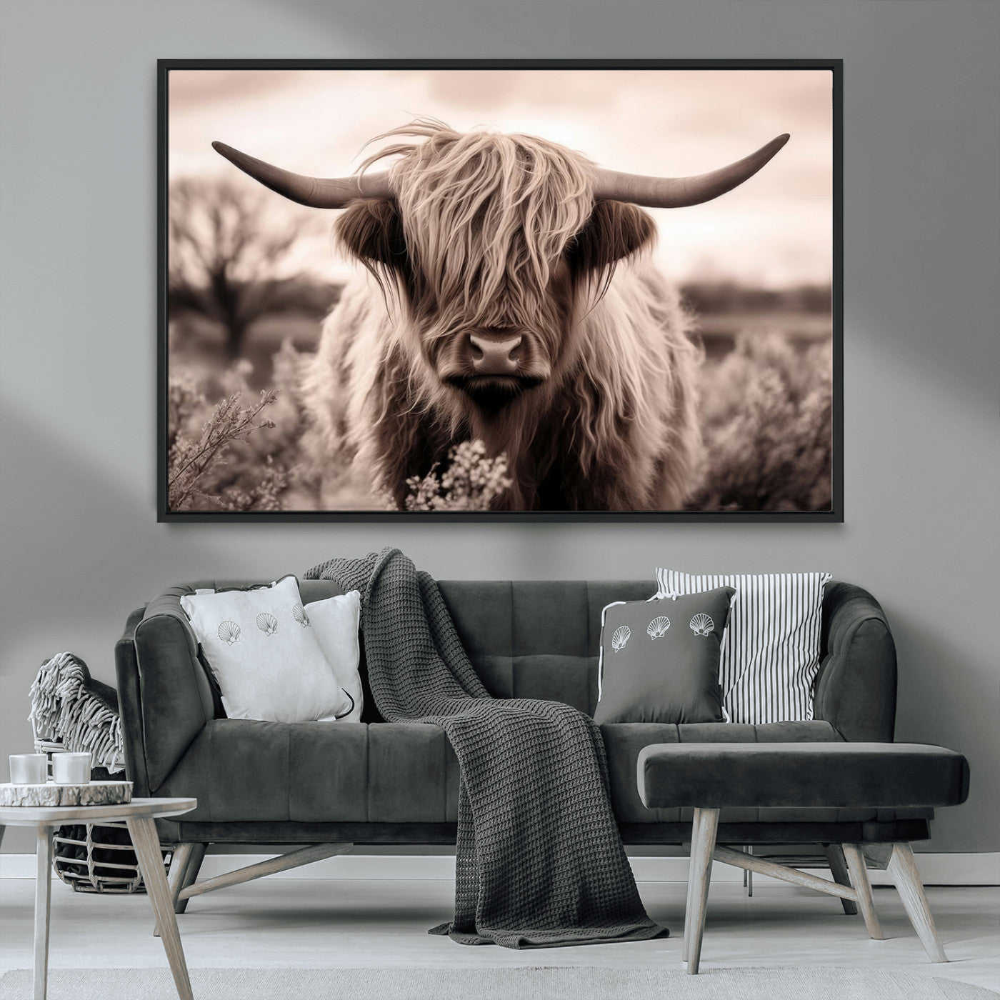 55903-MGV-CV-36X24-Highland Cow Wall Art – Rustic Sepia Scottish Highland Bull Canvas Print, Farmhouse Country Animal Decor for Living Room, Bedroom