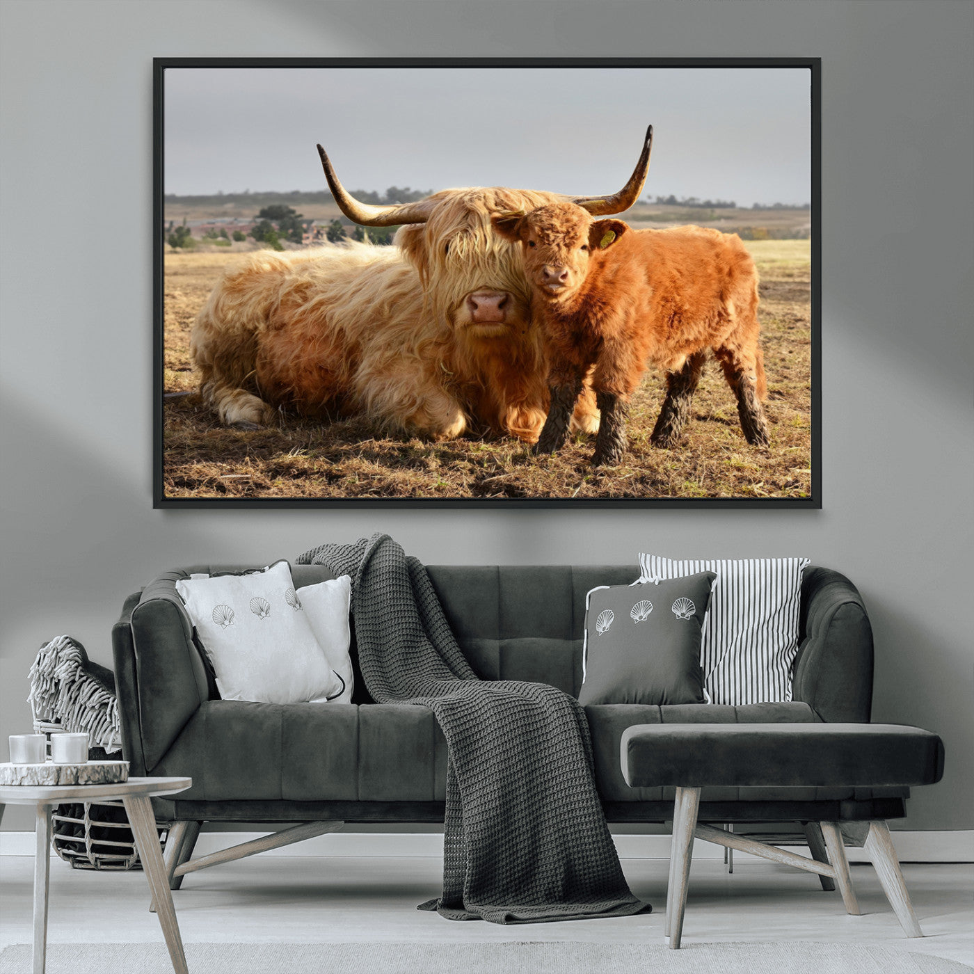 53461-MGV-CV-36X24-Highland Cow Family Wall Art – Rustic Farmhouse Animal Canvas Print, Country Decor for Living Room, Bedroom or Office, Calf and
