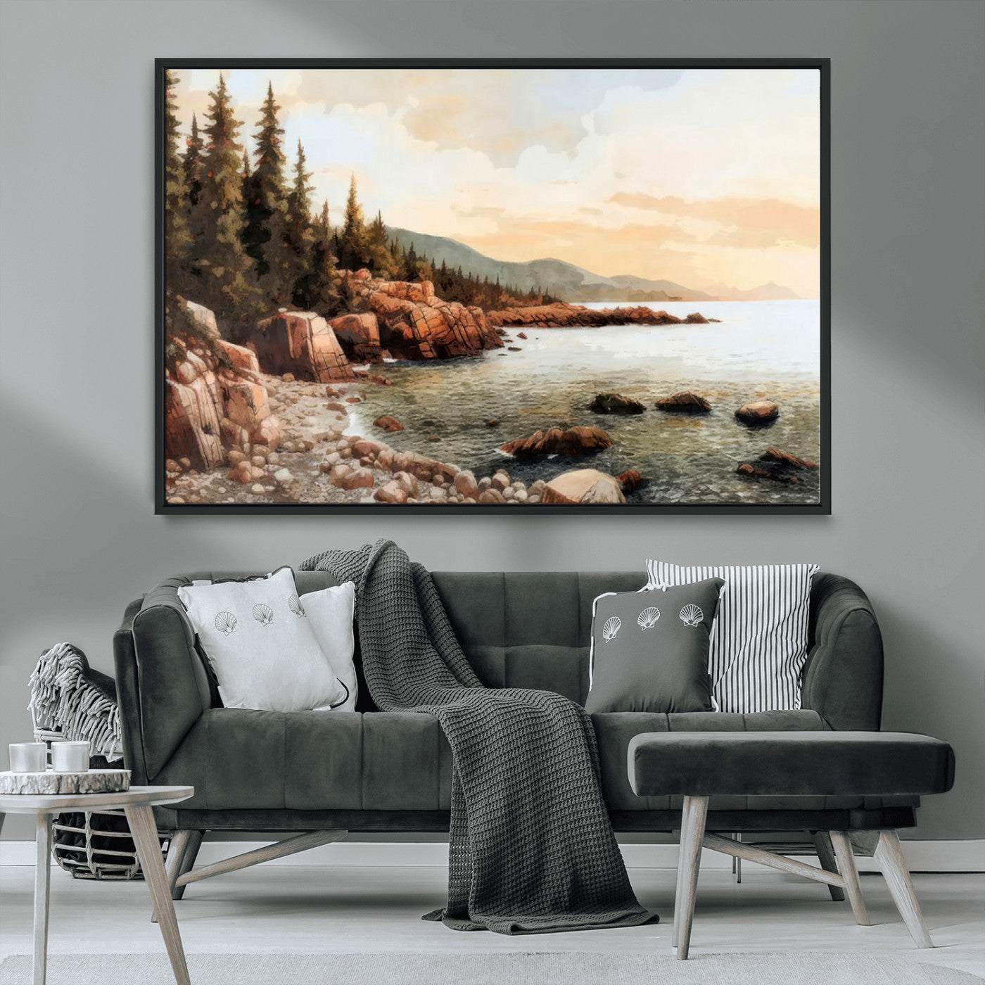 77145-MGV-FC-36X24_Black-Coastal Landscape Wall Art – Panoramic Rocky Shoreline and Pine Trees Canvas Print, Rustic Nature Decor for Cabin, Lodge, Office,