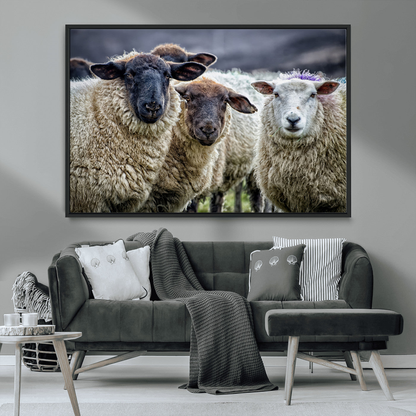 18418-MGV-FC-36X24_Black-Sheep Wall Art Canvas Print, Framed Farmhouse Sheep Art Picture Print, Sheep Herd Perfect Rustic Farmhouse Decor Artwork