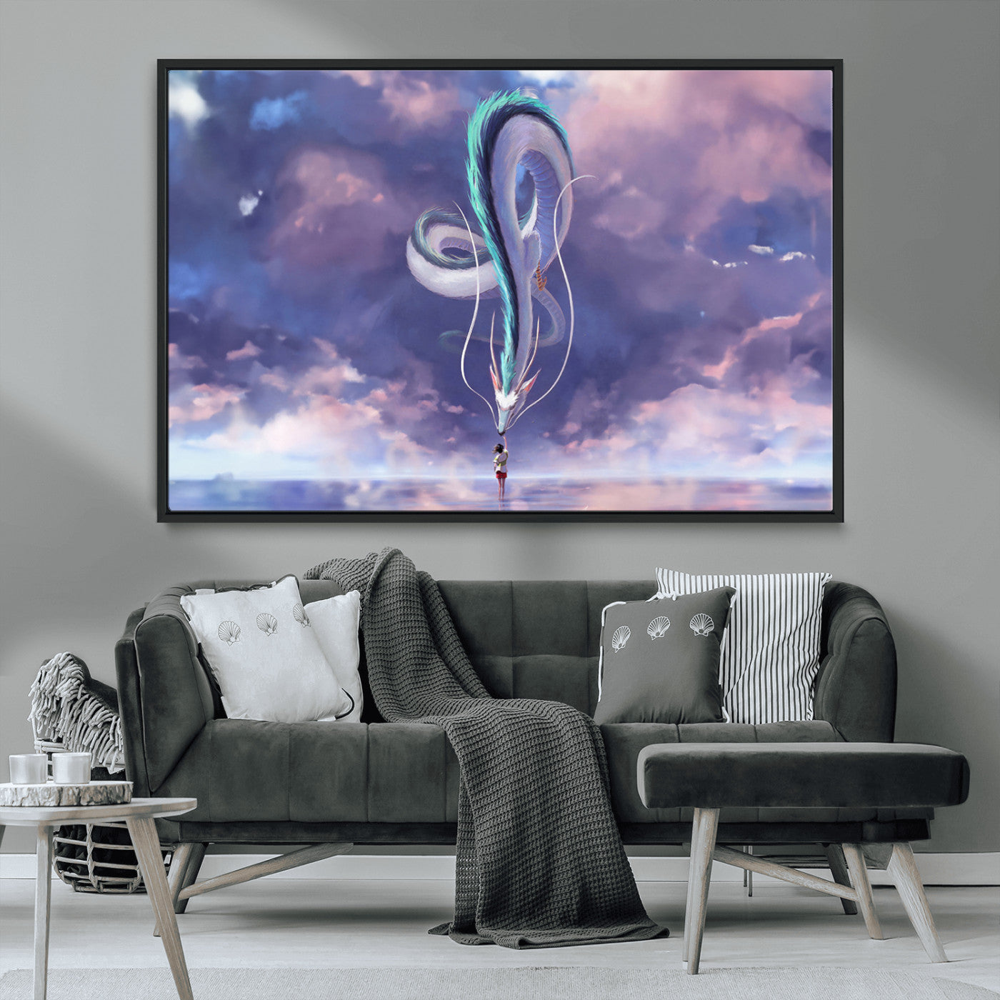66864-MGV-FC-36X24_Black-Fantasy Dragon Wall Art – Mystical Canvas Print Girl and Sky Serpent Dreamlike Clouds, Magical Anime Inspired Decor for Living