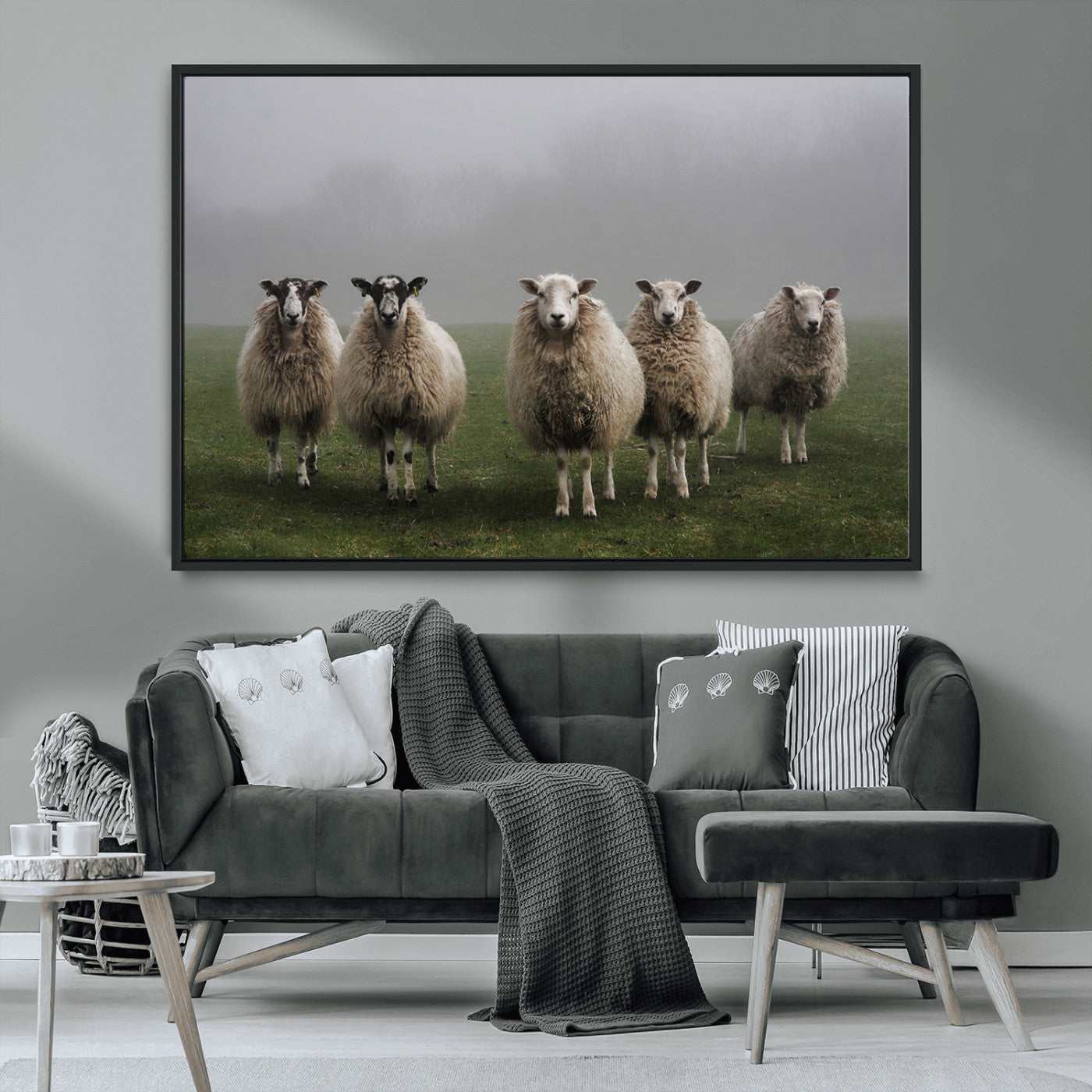 87339-MGV-FC-36X24_Black-Sheep Wall Art – Rustic Farmhouse Canvas Print Flock Standing Misty Field Countryside Photography, Country Animal Decor for Living