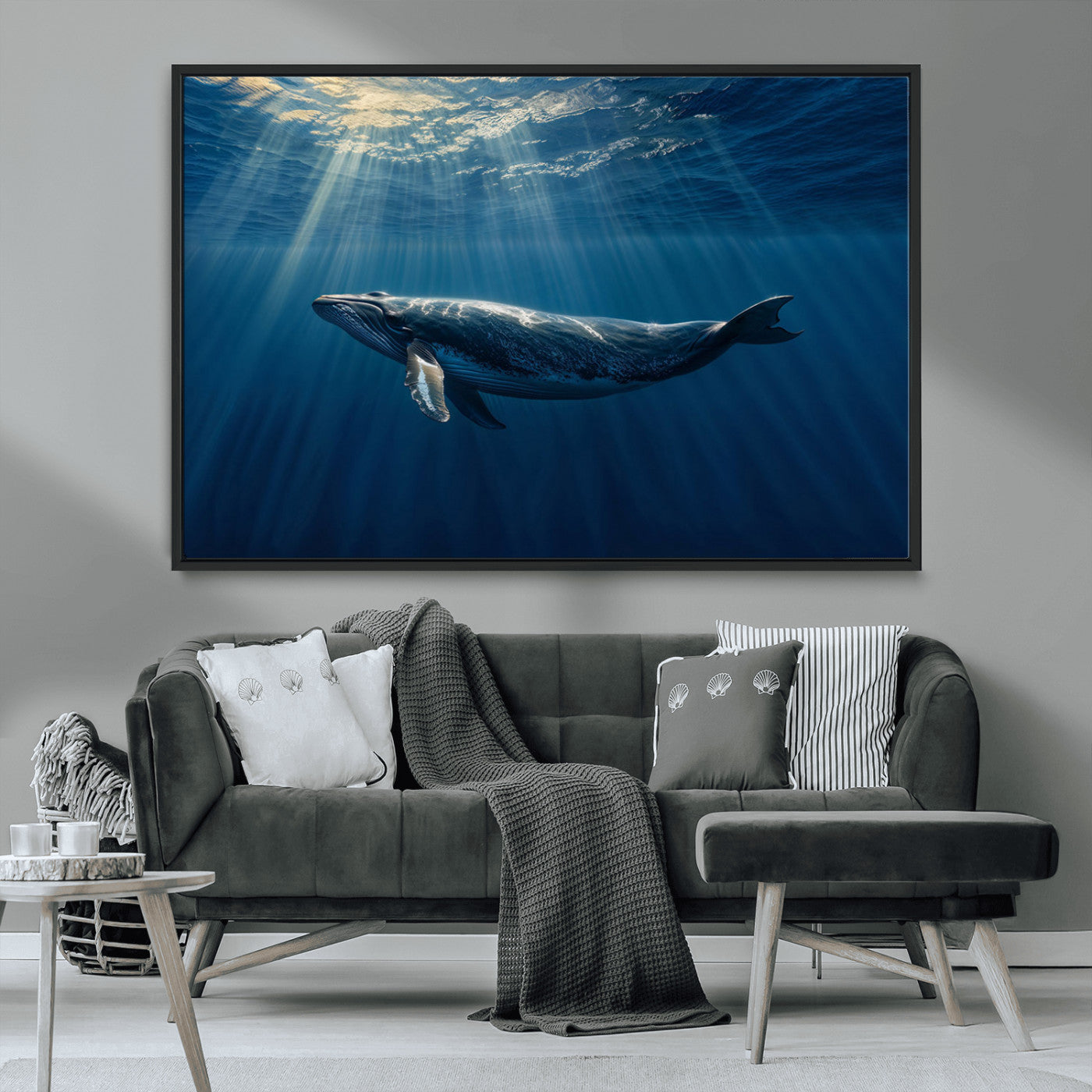 18052-MGV-FC-36X24_Black-Whale Wall Art – Majestic Ocean Canvas Print Marine Life Underwater Sunlight Scene, Nautical Coastal Decor for Living Room,