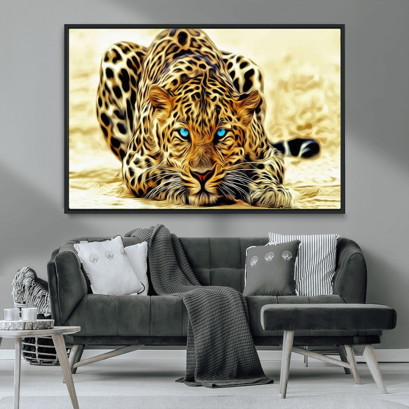 45281-MGV-CV-36X24-Blue Eye Leopard Wall Art Canvas Print, Framed Leopard Painting Art Picture Print, Big Cat Perfect Safari Wildlife Decor Artwork