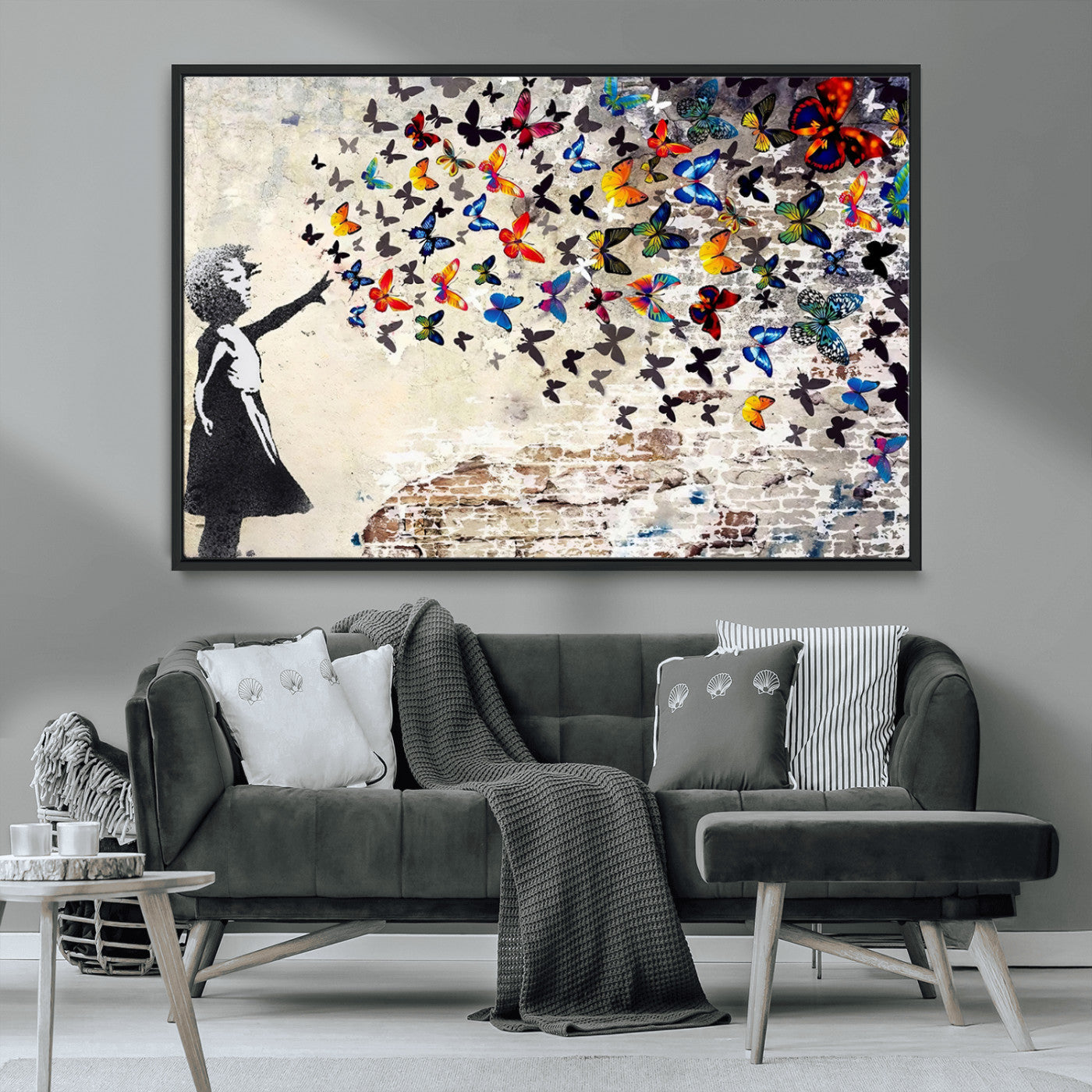 97895-MGV-CV-36X24-Girl with Butterflies Wall Art – Colorful Street Art Style Canvas Print, Modern Graffiti-Inspired Butterfly Artwork for Living