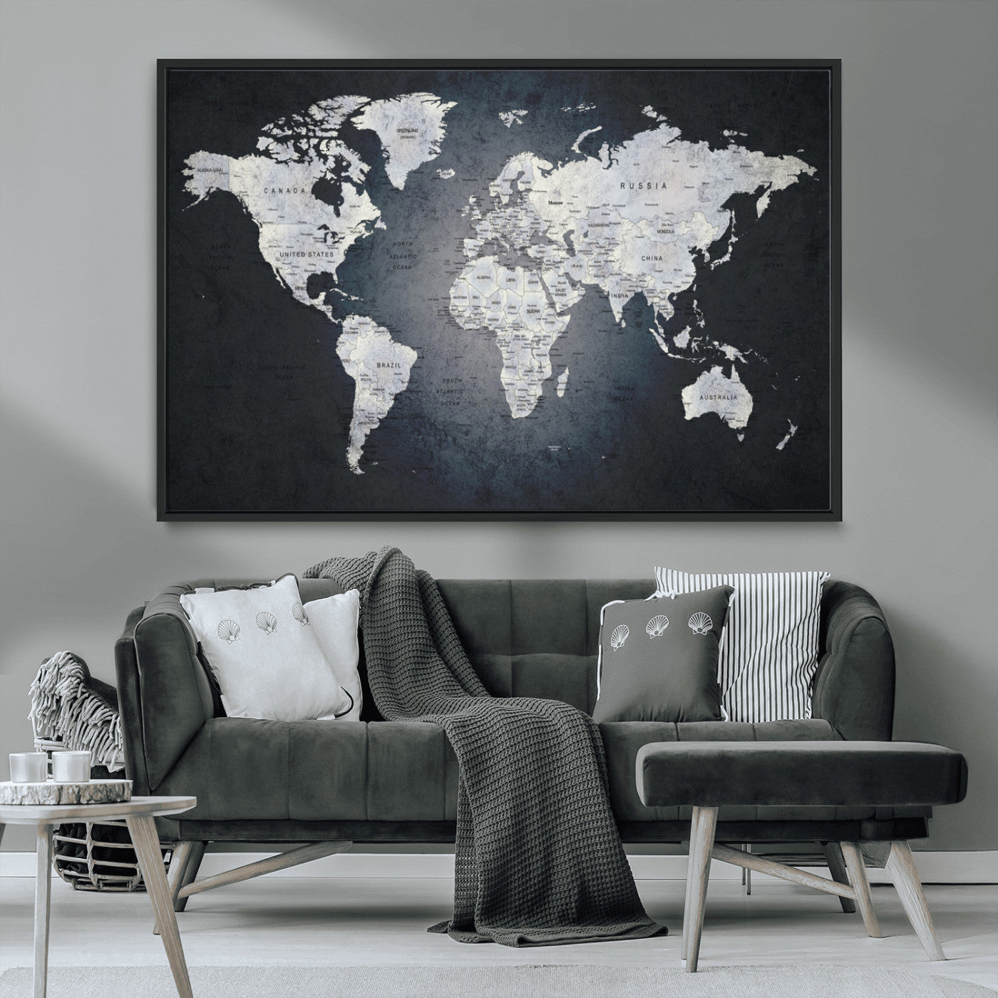 19124-MGV-CV-36X24-Modern World Map Wall Art – Black and White Canvas Print, Minimalist Global Map Decor for Office, Study, Bedroom or Living Room