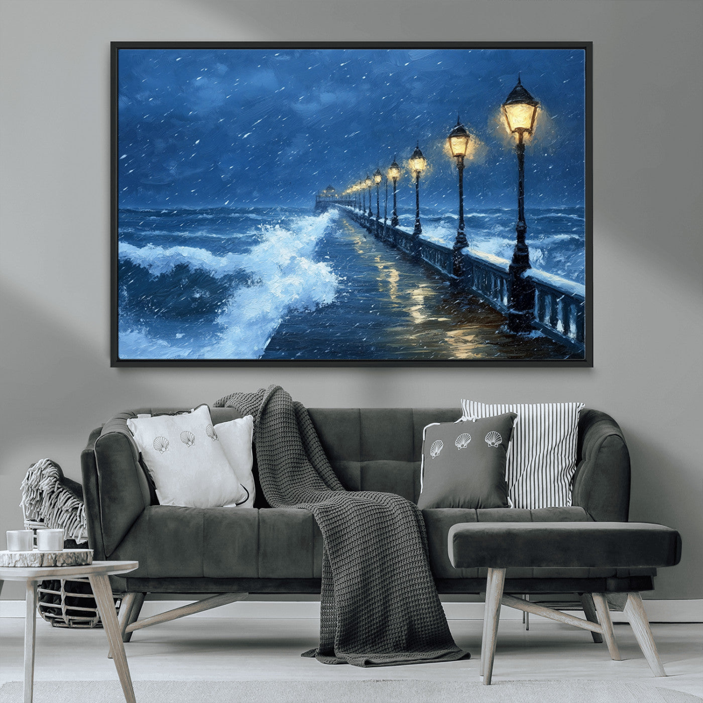 32668-MGV-CV-36X24-Stormy Pier Wall Art – Ocean Waves and Street Lamps Canvas Print, Rainy Night Seascape Oil Painting Poster for Living Room,