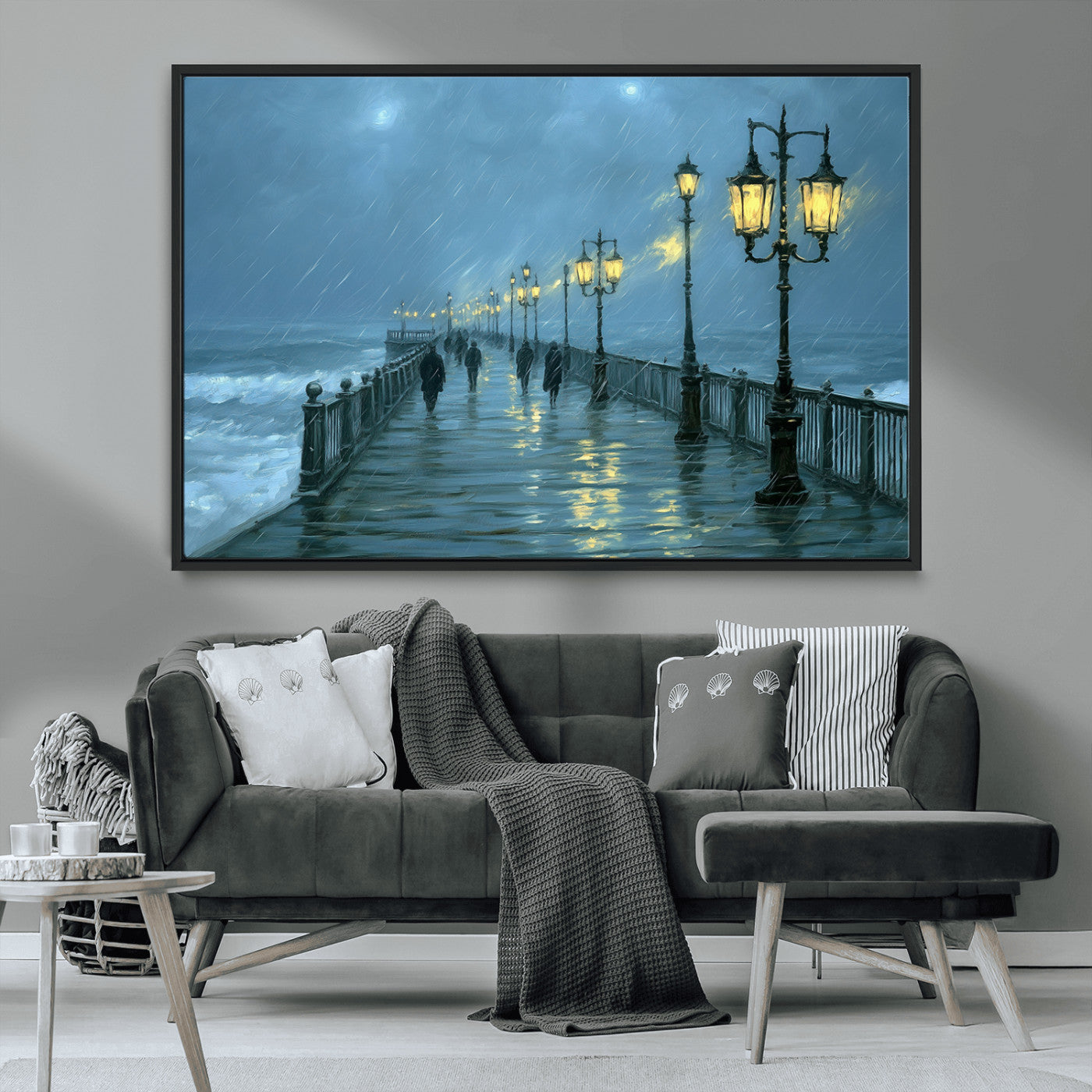 79606-MGV-CV-36X24-Rainy Pier Night Wall Art – Ocean Waves and Street Lamps Canvas Print, Moody Seascape Oil Painting Poster for Living Room,