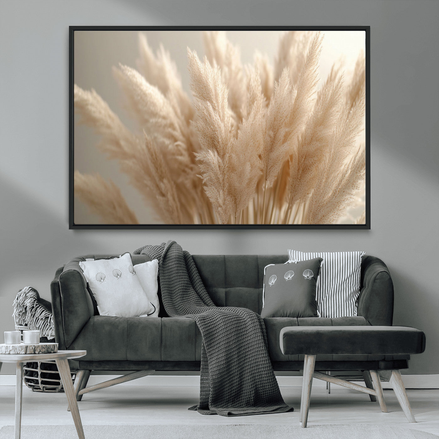 50300-MGV-FC-36X24_Black-Pampas Grass Wall Art Canvas Print, Framed Minimalist Pampas Grass Art Picture Print, Beige Pampas Grass Perfect Minimalist Boho