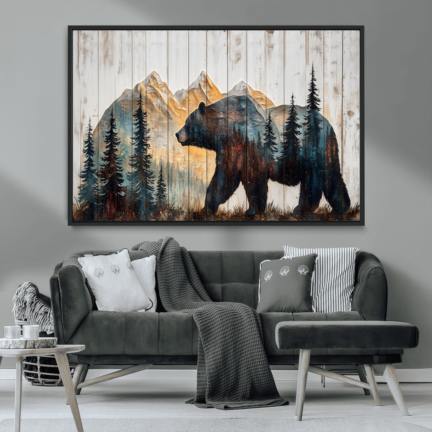 90077-MGV-FC-36X24_Black-Wood Grizzly Bear Wall Art Canvas Print, Framed Abstract Bear Art Picture Print, Bear in Forest Perfect Rustic Lodge Decor Artwork