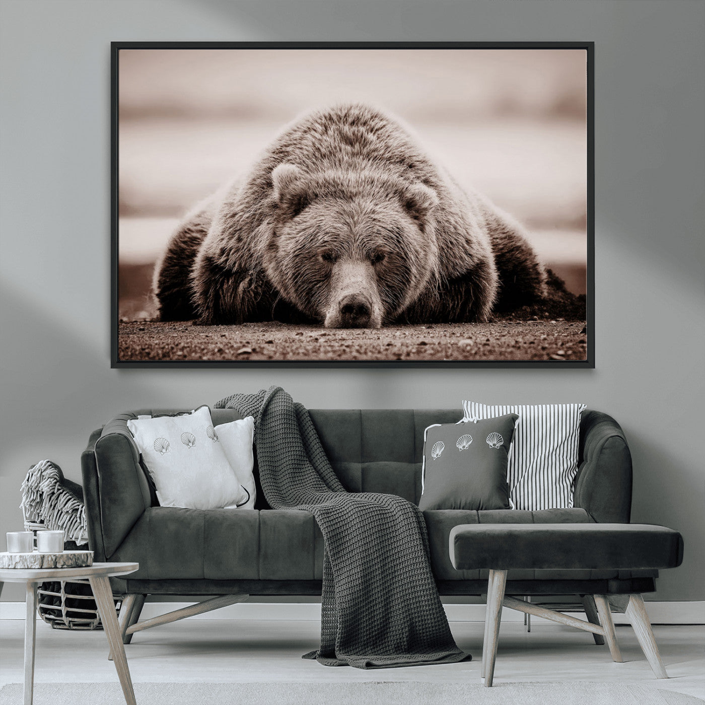 20611-MGV-CV-36X24-Grizzly Bear Wall Art – Majestic Wildlife Sepia Canvas Print, Rustic Nature Animal Artwork for Cabin, Lodge, Living Room, Bedroom,
