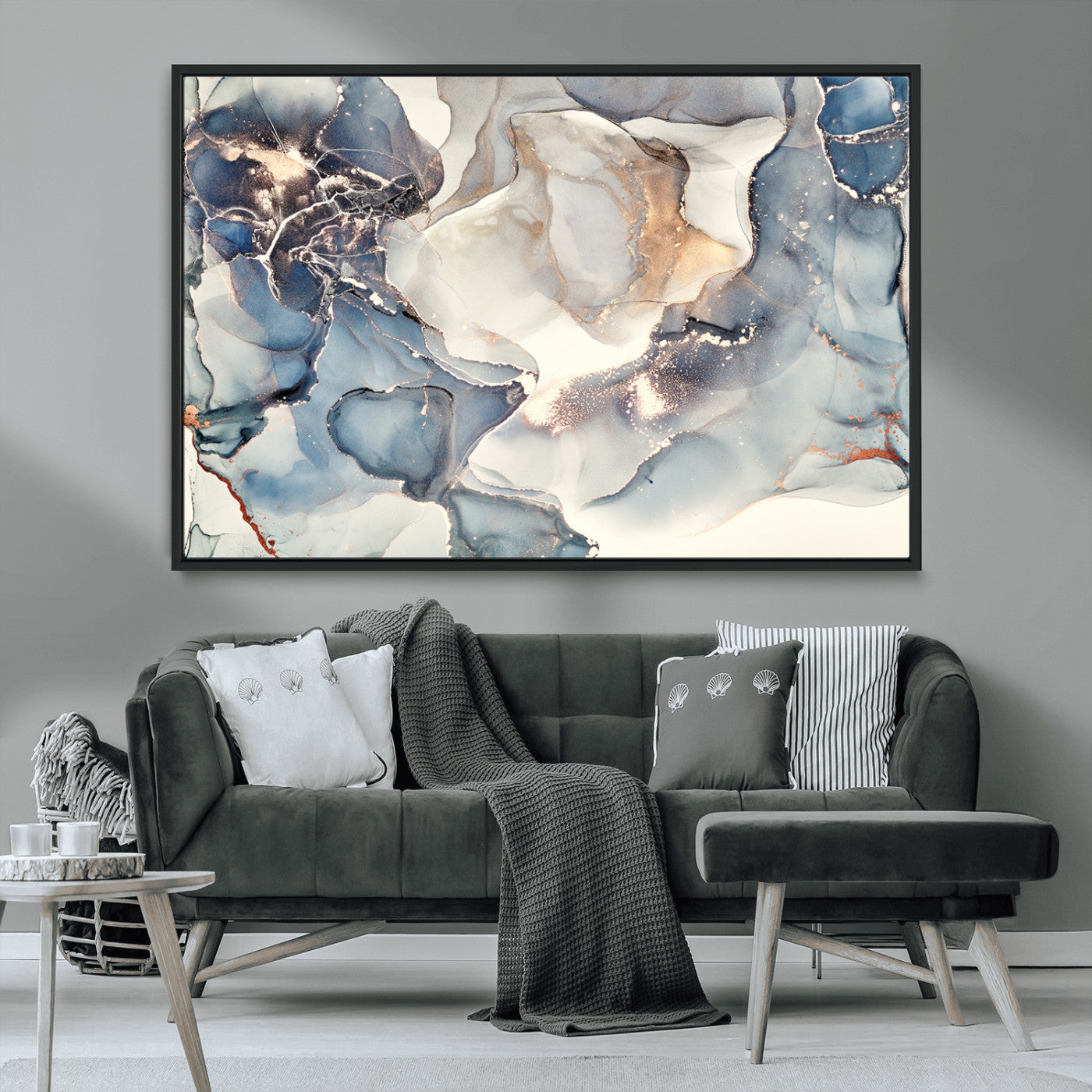 51497-MGV-CV-36X24-Abstract Blue and Gold Wall Art – Modern Fluid Ink Style Canvas Print, Elegant Contemporary Decor for Living Room, Office