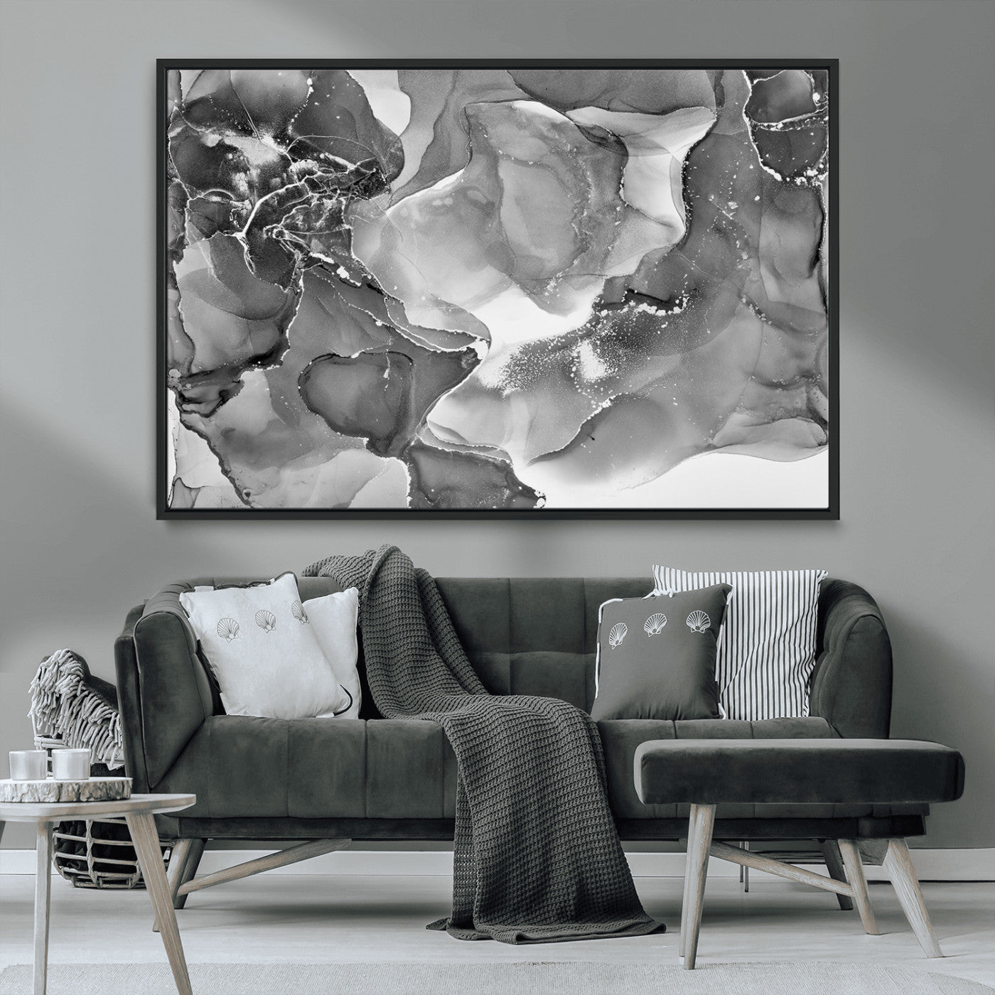 15911-MGV-CV-36X24-Black and White Abstract Wall Art – Modern Ink Swirl Canvas Print, Minimalist Contemporary Painting for Living Room, Bedroom,