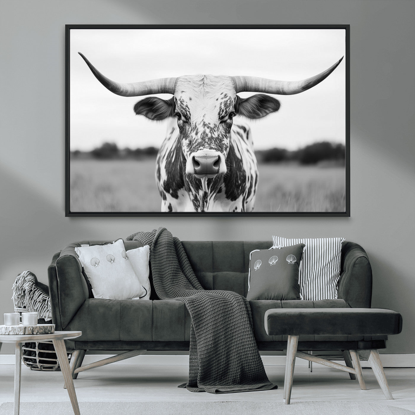 20272-MGV-FC-36X24_Black-Highland Cow Wall Art – Black and White Western Longhorn Canvas Print, Farmhouse Living Room Decor Southwestern Animal Artwork for
