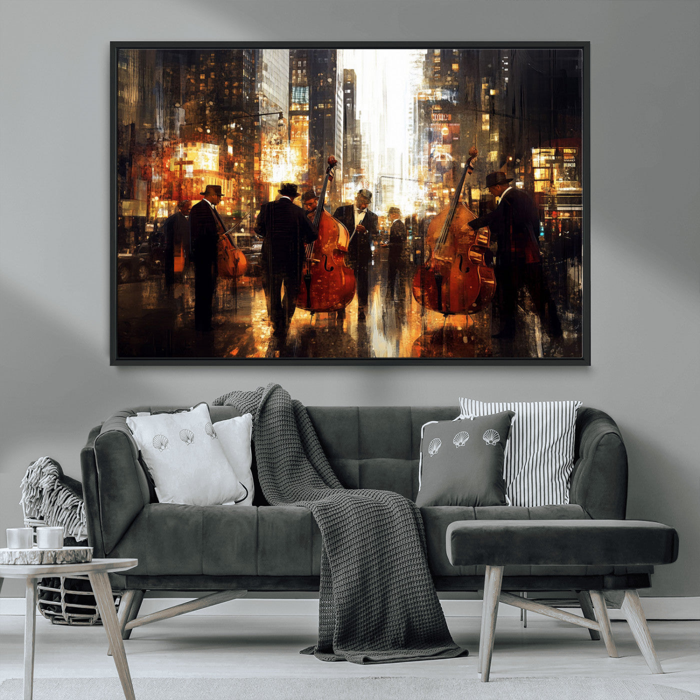 58782-MGV-CV-36X24-Jazz Musicians Cityscape Wall Art – Vibrant Urban Night Canvas Print, Elegant Music Themed Decor for Living Room, Office, or Music