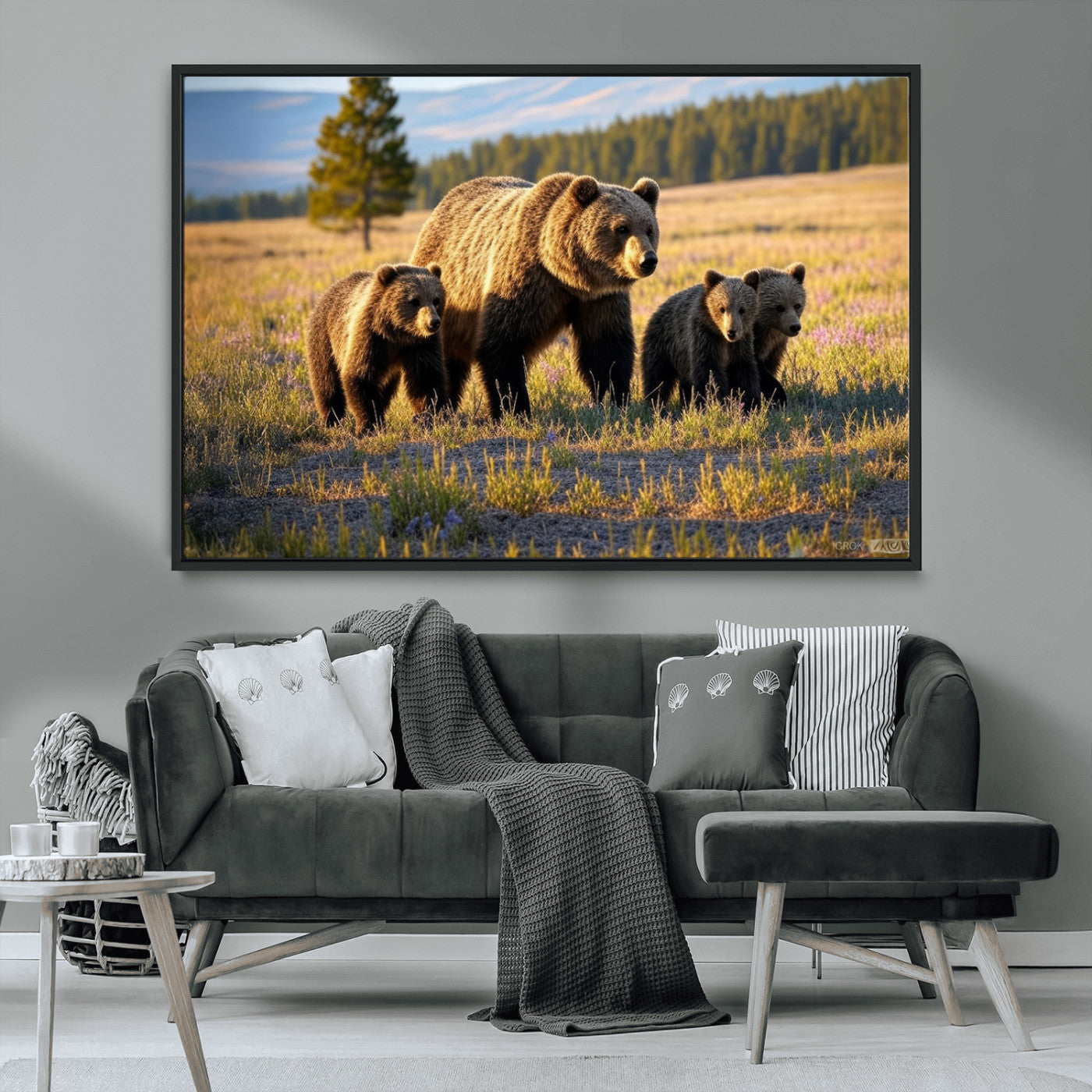 43400-MGV-CV-36X24-Bear Family Wall Art – Wildlife Canvas Print of Mother Bear with Cubs in Sunlit Meadow, Rustic Animal Artwork for Living Room,