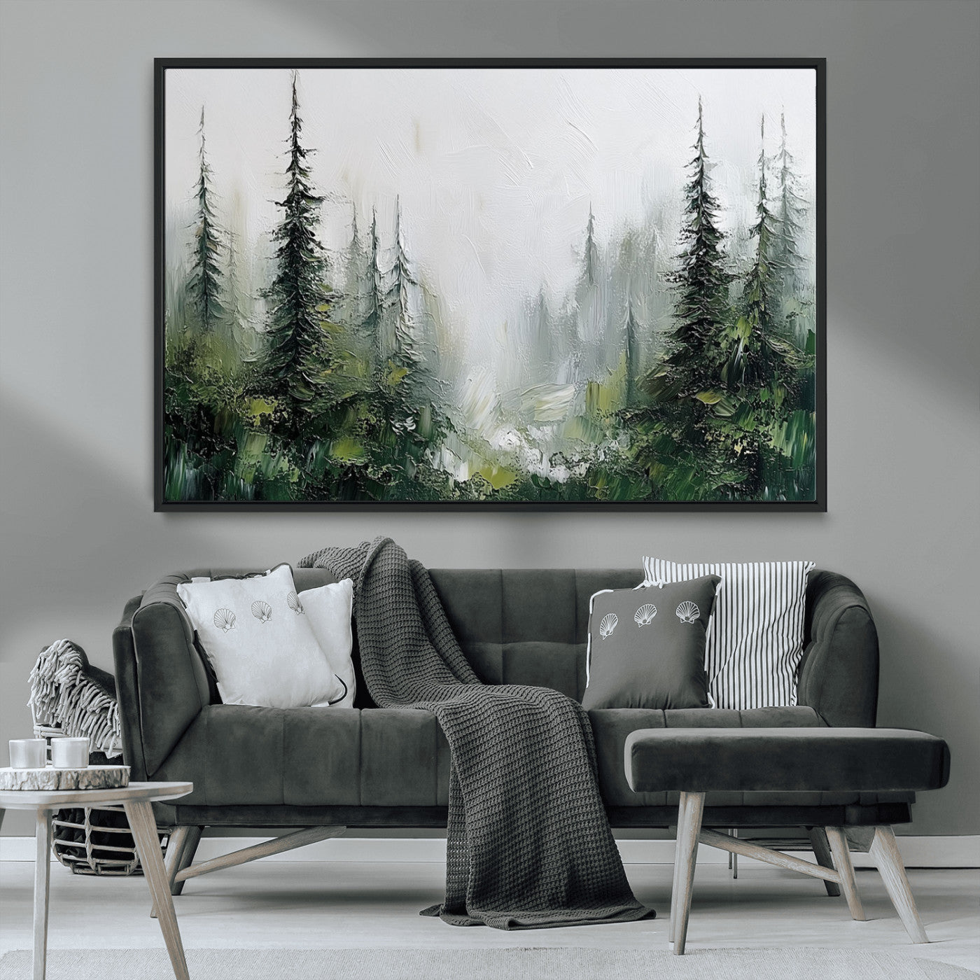 76014-MGV-CV-36X24-Forest Wall Art – Textured Canvas Print Featuring Misty Evergreen Pines and Woodland Landscape, Rustic Nature Artwork for Living