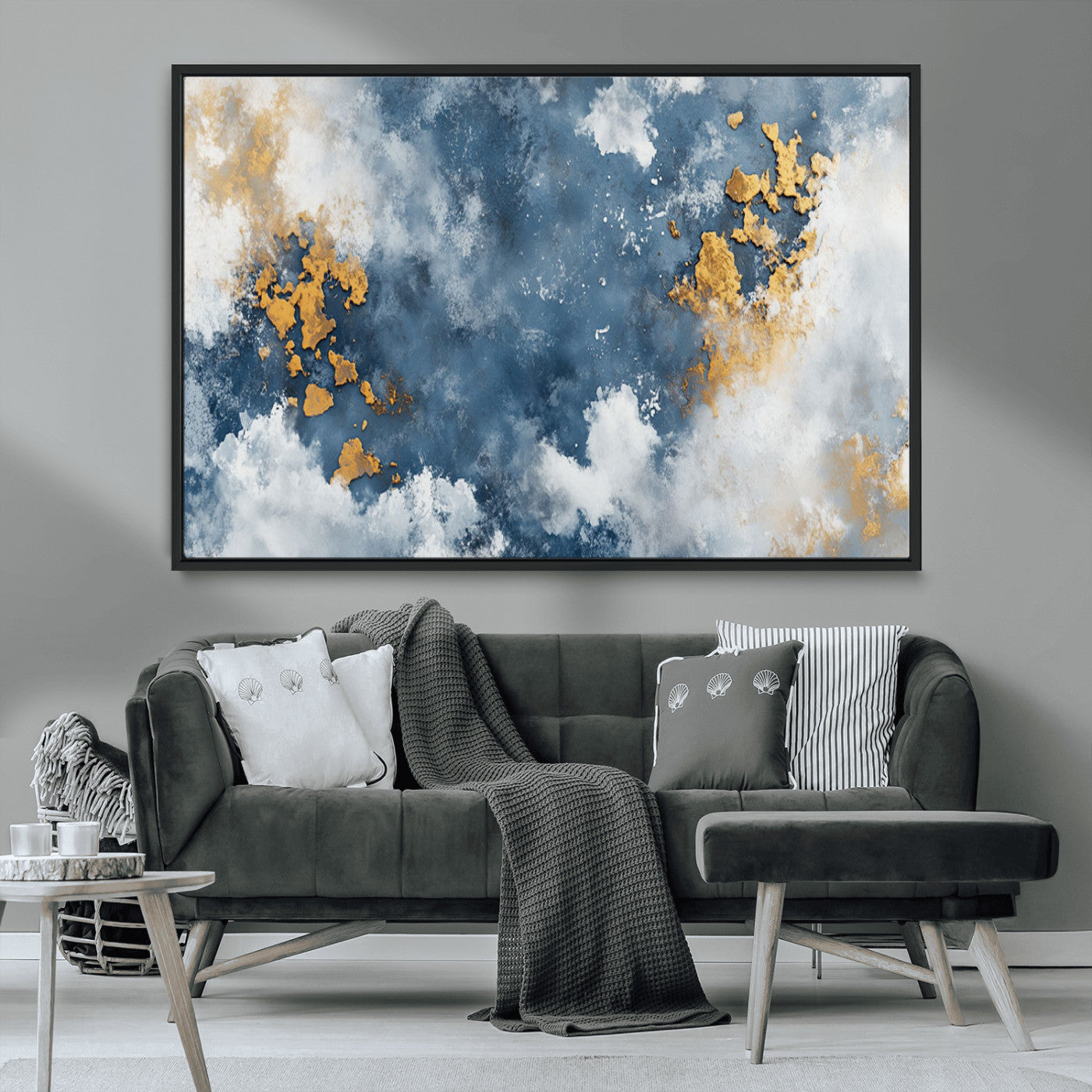 39575-MGV-CV-36X24-Blue and Gold Abstract Wall Art – Modern Canvas Print Featuring Cloudy Textures with Metallic Accents, Contemporary Artwork for