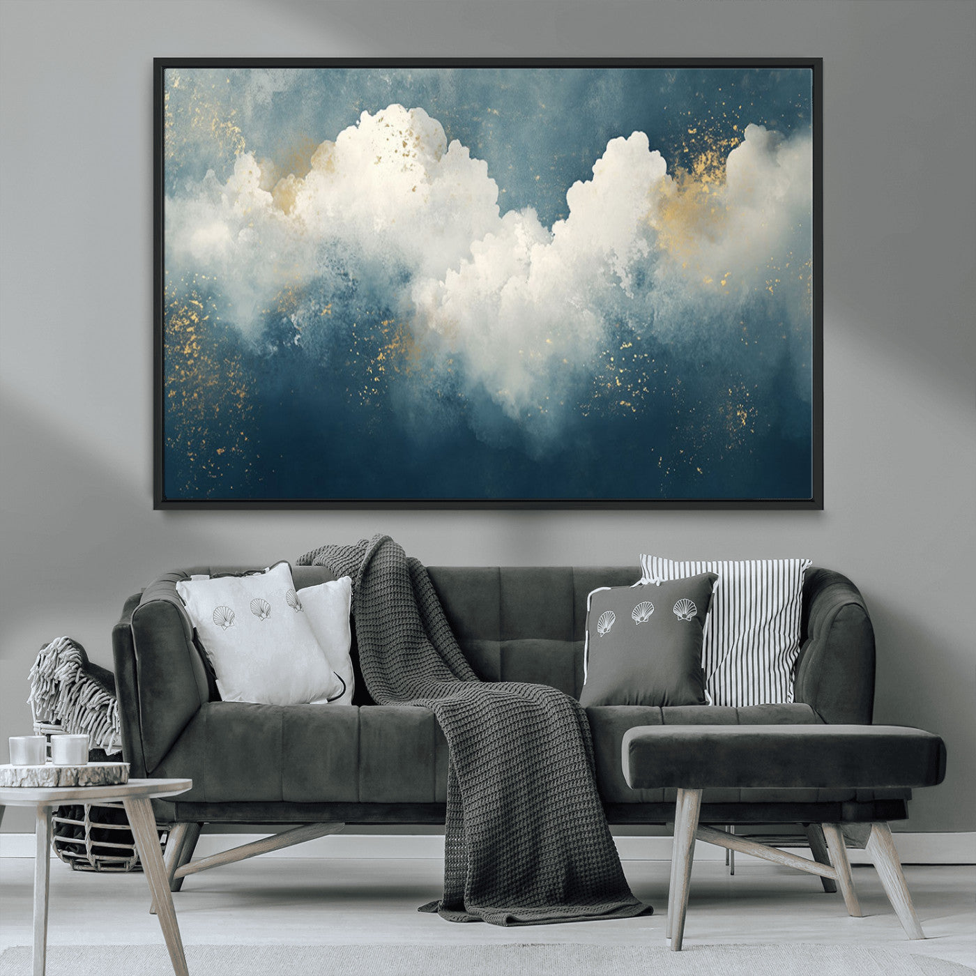 75131-MGV-CV-36X24-Abstract Cloud Wall Art – Modern Canvas Print Featuring Blue and White Clouds with Golden Accents, Contemporary Artwork for Living