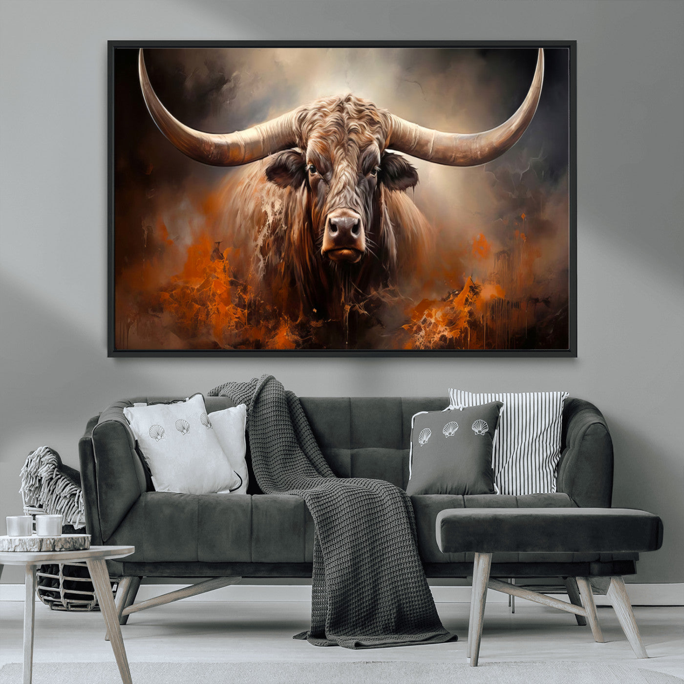 240479-MGV-CV-36X24-Longhorn Bull Wall Art – Dramatic Western Canvas Print Featuring Horned Bull with Fiery Background, Rustic Farmhouse Artwork for
