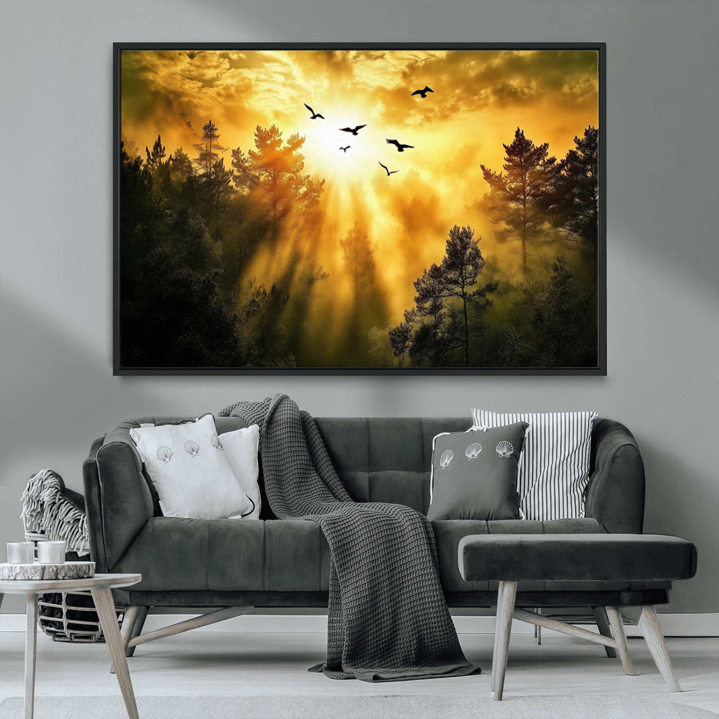 13776802-MGV-FC-36X24_Black-Golden Forest Wall Art Canvas Print, Framed Sunset Pines Art Picture Print, Flying Birds Perfect Nature Glow Decor Artwork