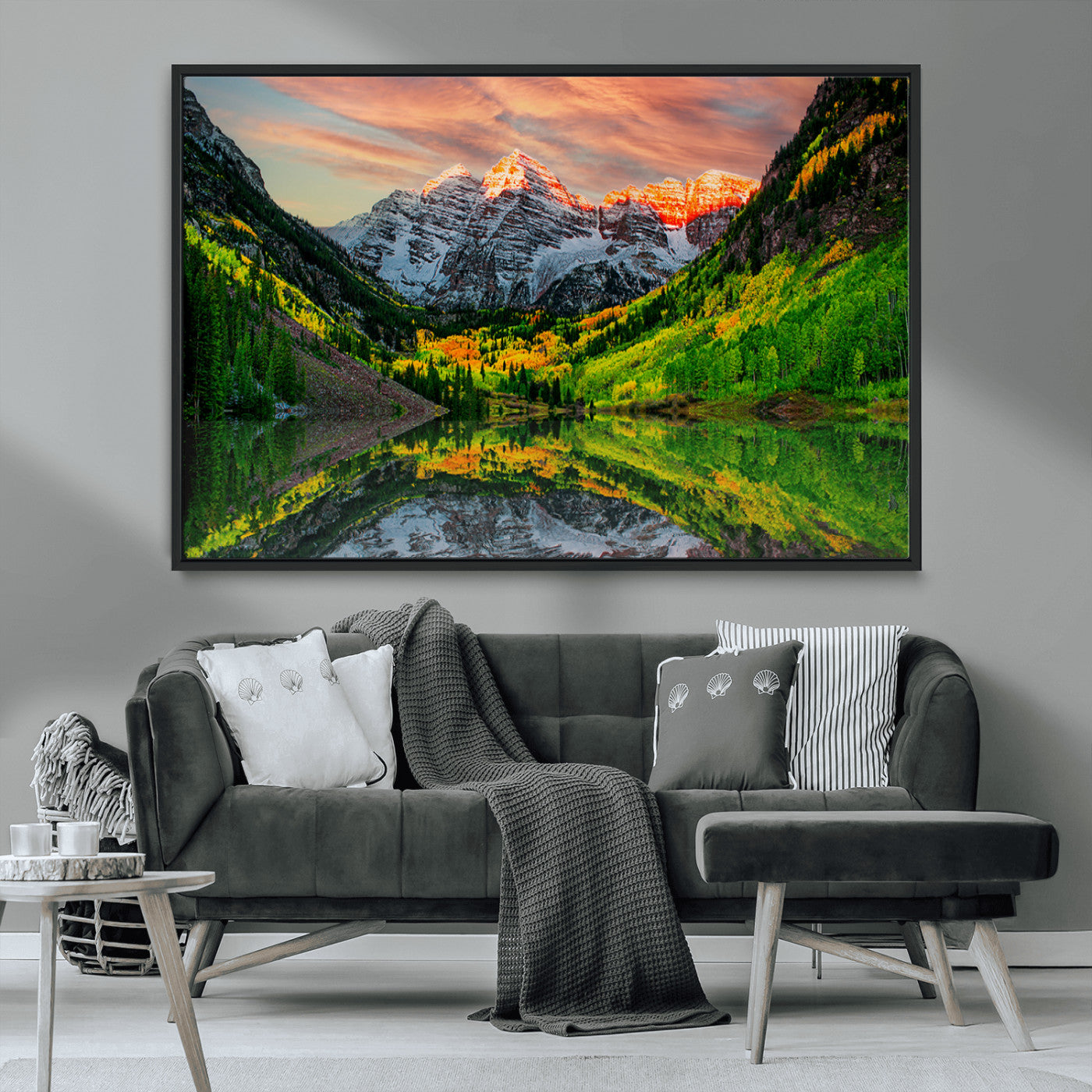 59533484-MGV-CV-36X24-Maroon Bells Autumn Wall Art – Panoramic Mountain Landscape Canvas Print, Sunset Reflection Nature Artwork for Living Room, Office