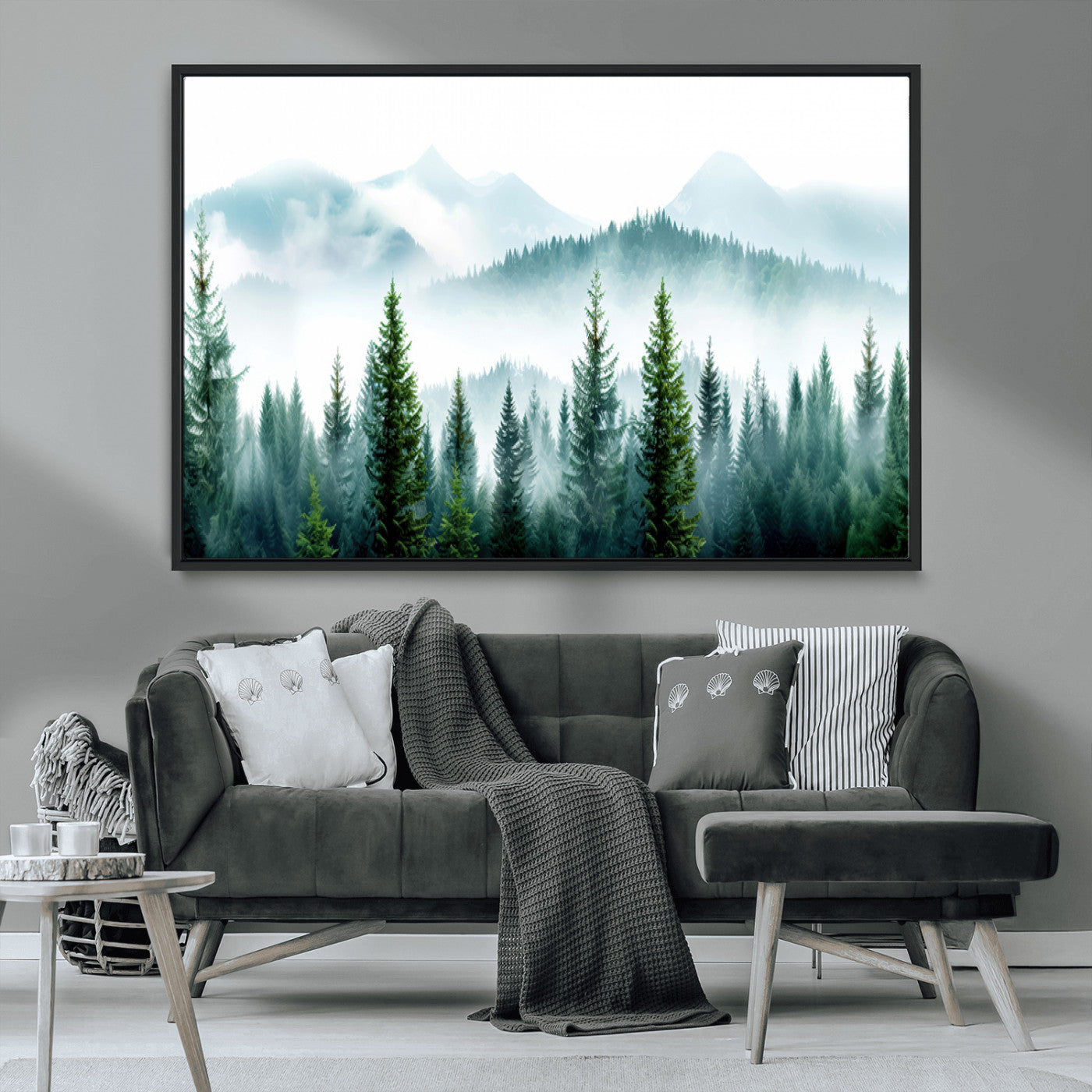 16716676-MGV-CV-36X24-Pine Forest Wall Art Canvas Print, Framed Misty Mountains Art Picture Print, Foggy Trees Perfect Moody Forest Decor Artwork