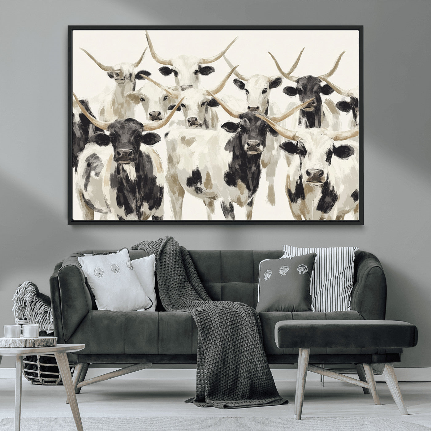 52947970-MGV-FC-36X24_Black-Texas Longhorn Wall Art Canvas Print, Framed Cattle Herd Art Picture Print, Herd Portrait Perfect Modern Farmhouse Decor Artwork