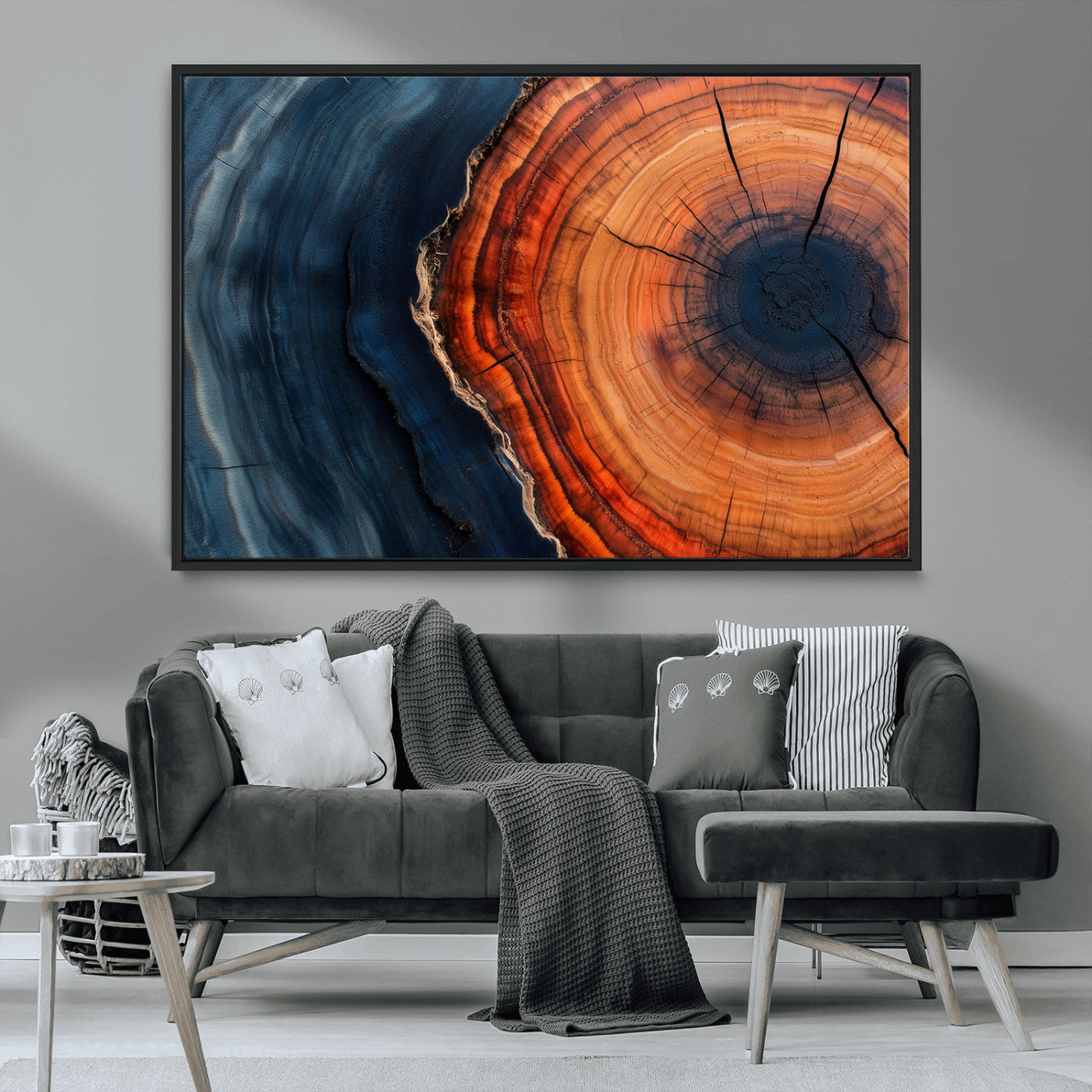 57732250-MGV-CV-36X24-Tree Ring Abstract Wall Art – Blue Orange Wood Grain Canvas Print, Modern Rustic Nature Artwork for Living Room, Office,