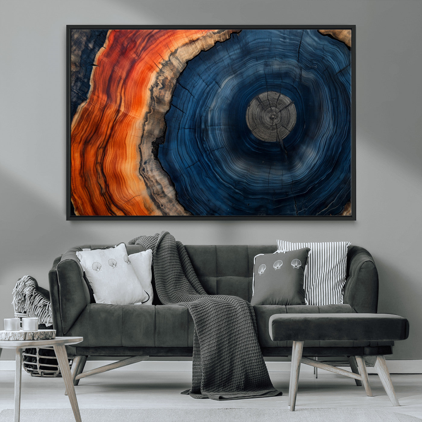99491700-MGV-CV-36X24-Tree Ring Canvas Wall Art – Blue Orange Abstract Wood Grain Print, Rustic Modern Nature Artwork for Living Room, Office, Bedroom