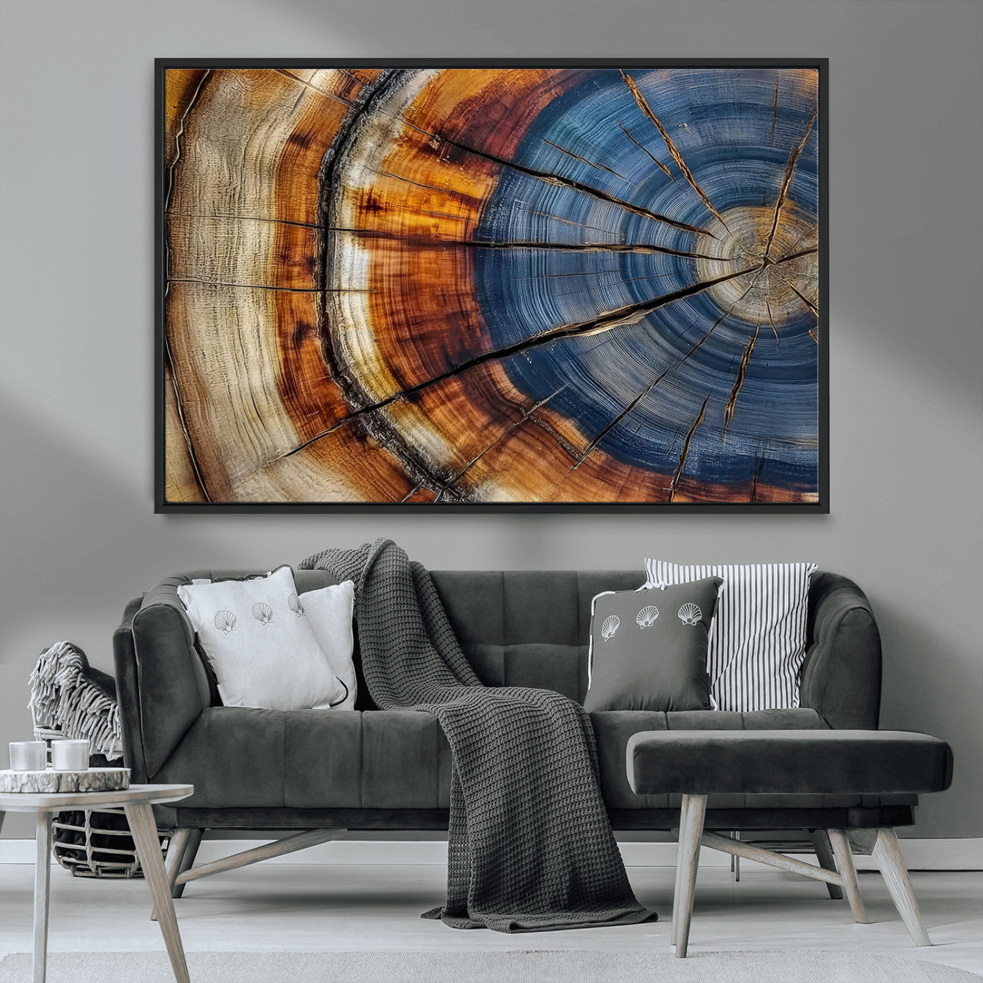 18032999-MGV-CV-36X24-Tree Ring Wall Art – Blue Brown Abstract Wood Slice Canvas Print, Rustic Modern Nature Decor for Living Room, Office, Bedroom or