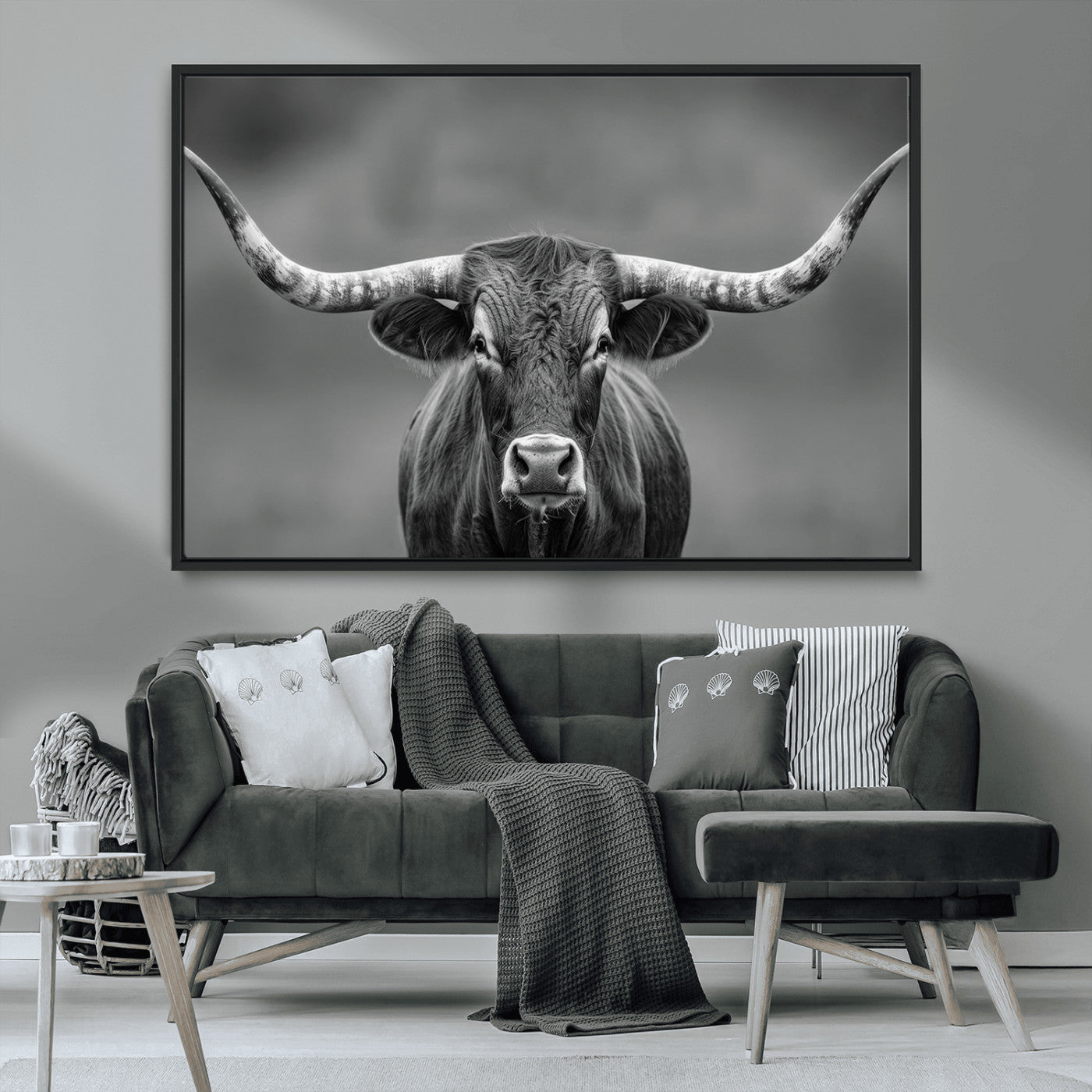 81228550-MGV-CV-36X24-Framed Texas Longhorn Bull Art Canvas Print, Western Bull Wall Art Print, Long Horn Bull Photo Print for Log Cabin, Large Bull