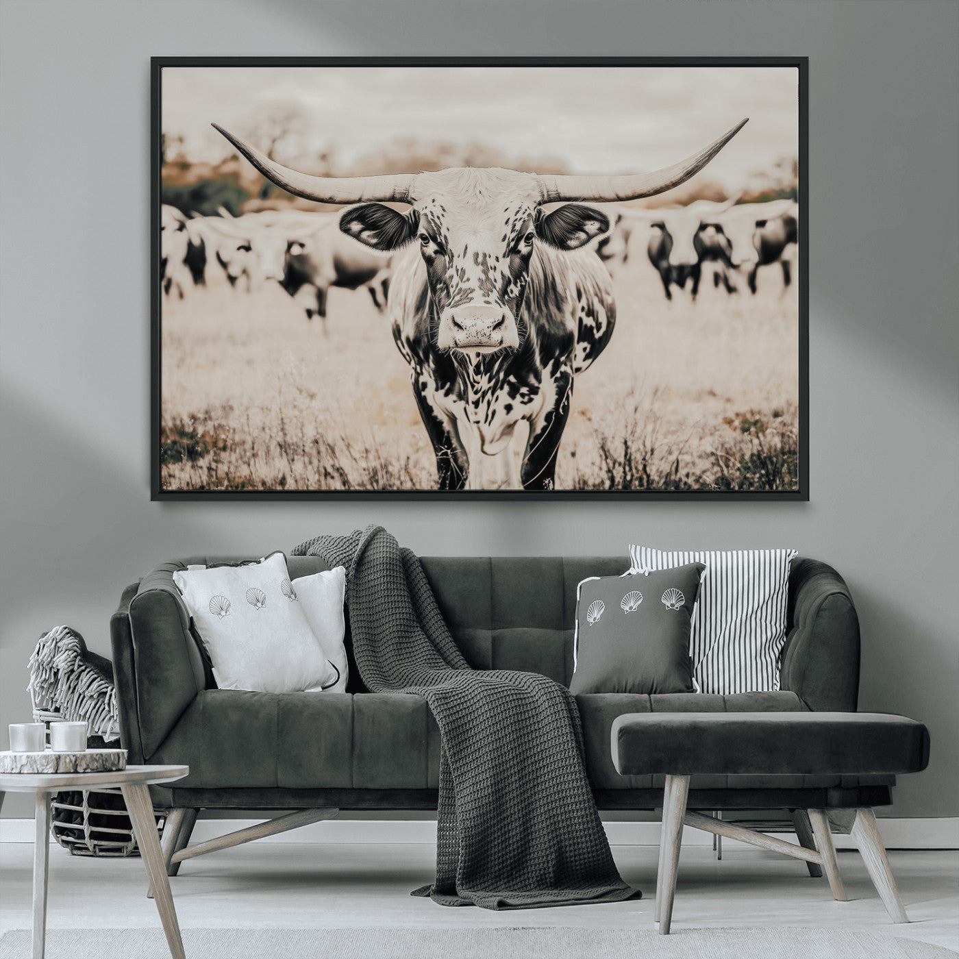 27497342-MGV-CV-36X24-Texas Longhorn Wall Art Canvas Print, Framed Speckled Cow Art Picture Print, Horned Cattle Perfect Rustic Western Decor Artwork