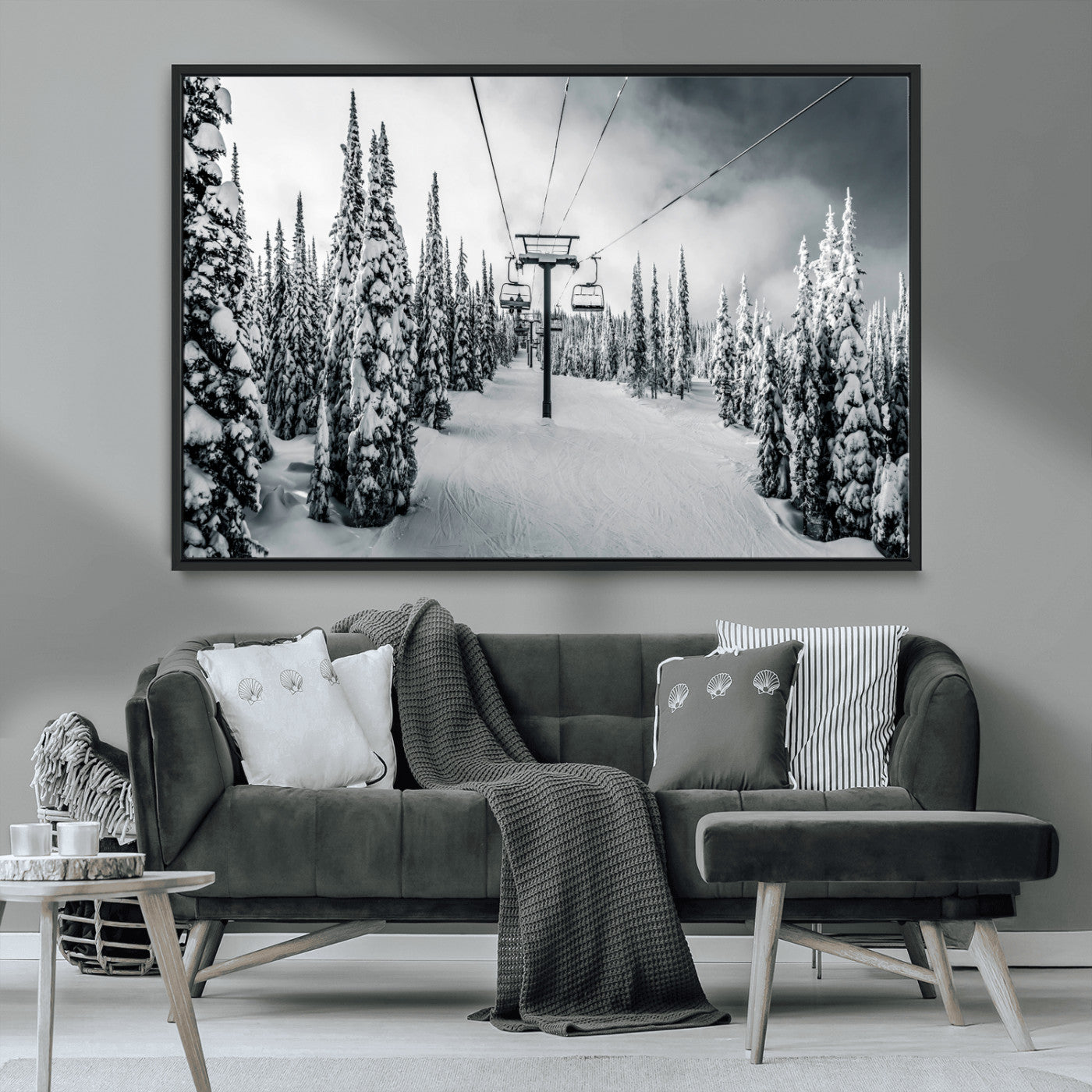 31156828-MGV-FC-36X24_Black-Snowy Pines Wall Art Canvas Print, Framed Ski Lift Art Picture Print, Winter Forest Perfect Moody Lodge Decor Artwork