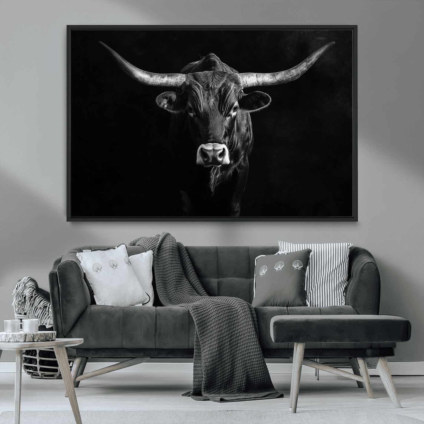 42077175-MGV-CV-36X24-Texas Longhorn Wall Art Canvas Print, Framed Monochrome Bull Art Picture Print, Horned Bull Perfect Rustic Western Decor Artwork