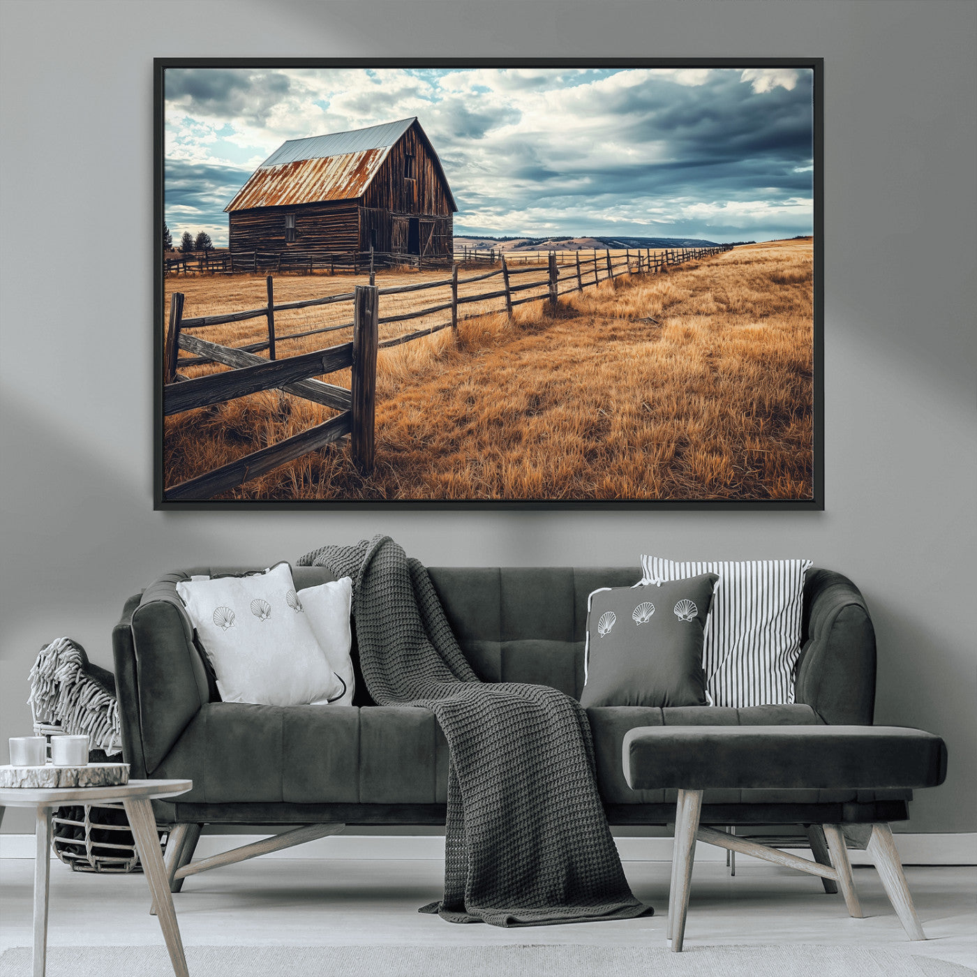 69356982-MGV-CV-36X24-Old Barn Wall Art Canvas Print, Framed Rustic Fence Art Picture Print, Wooden Farmhouse Perfect Rustic Farmhouse Decor Artwork