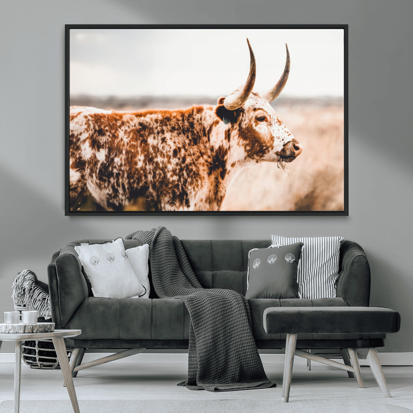 11528295-MGV-CV-36X24-Speckled Longhorn Wall Art Canvas Print, Framed Texas Cattle Art Picture Print, Horned Cow Perfect Rustic Western Decor Artwork