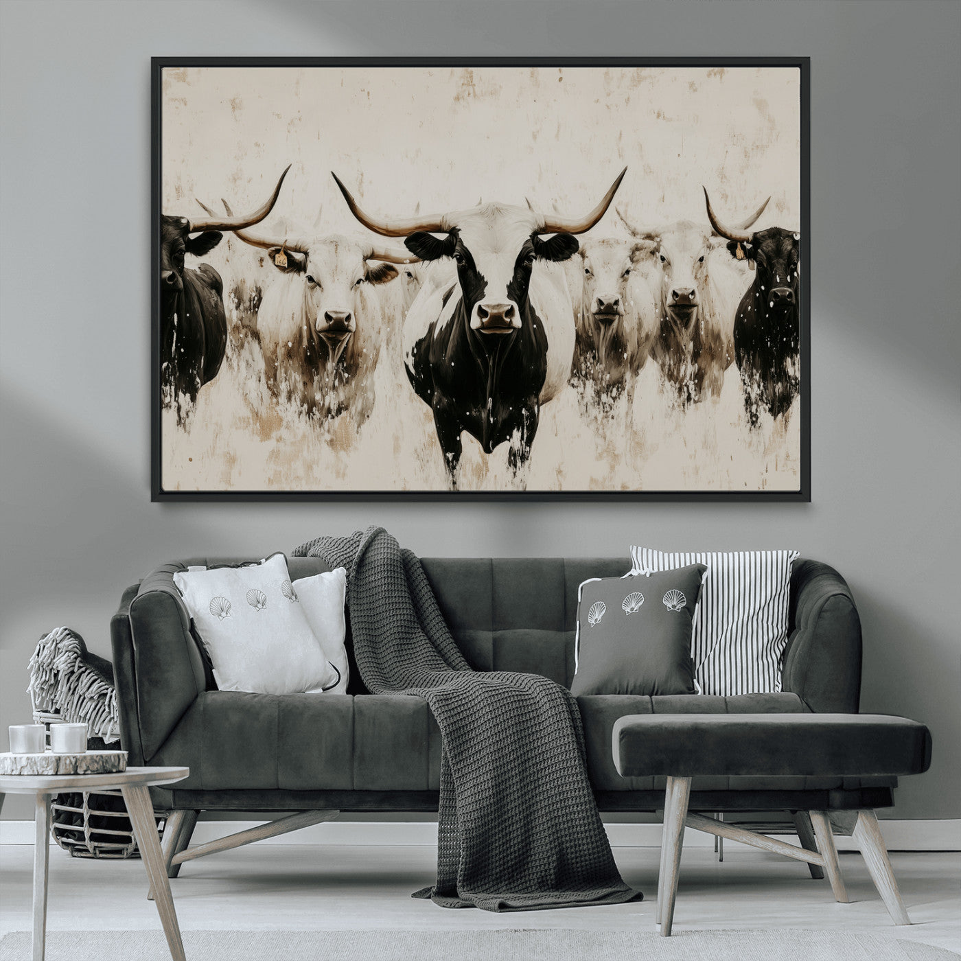 12027562-MGV-CV-36X24-Longhorn Cattle Wall Art Canvas Print, Framed Bison Herd Art Picture Print, Cattle Group Perfect Rustic Farmhouse Decor Artwork