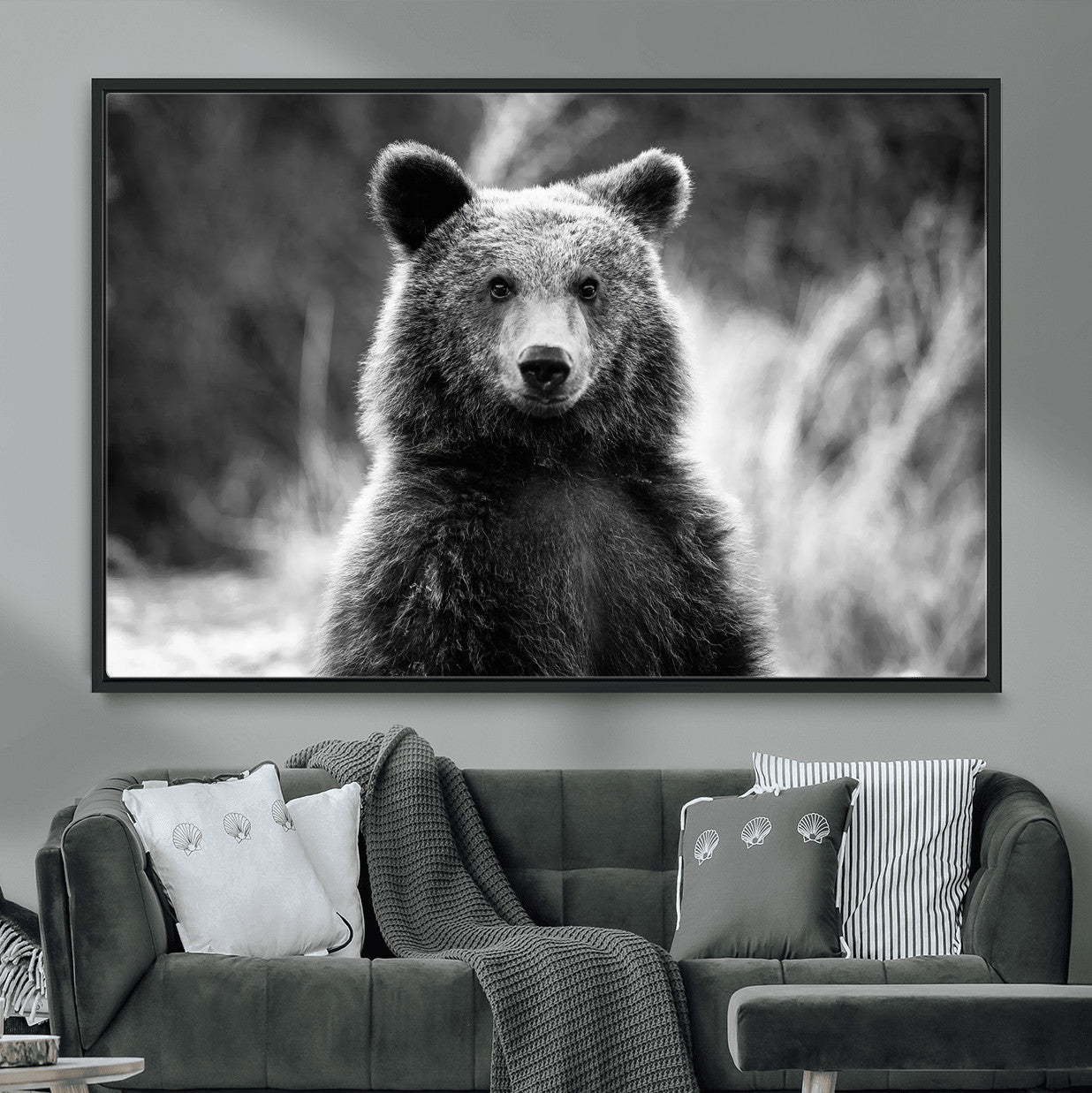MGV-FC-36X24 - Grizzly Bear Wall Art Canvas Print, Framed Black White Bear Art Picture Print, Wild Bear Perfect Rustic Wildlife Decor Artwork
