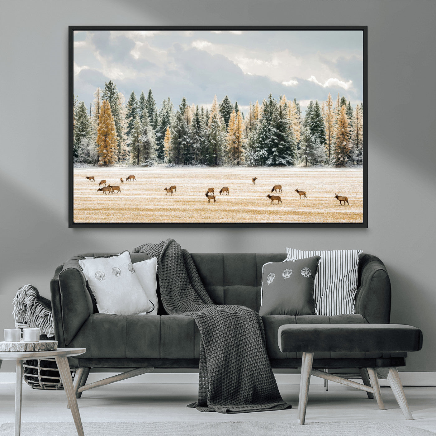 64188182-MGV-CV-36X24-Elk Herd Wall Art Canvas Print, Framed Snowy Forest Art Picture Print, Forest Elks Perfect Neutral Rustic Decor Artwork