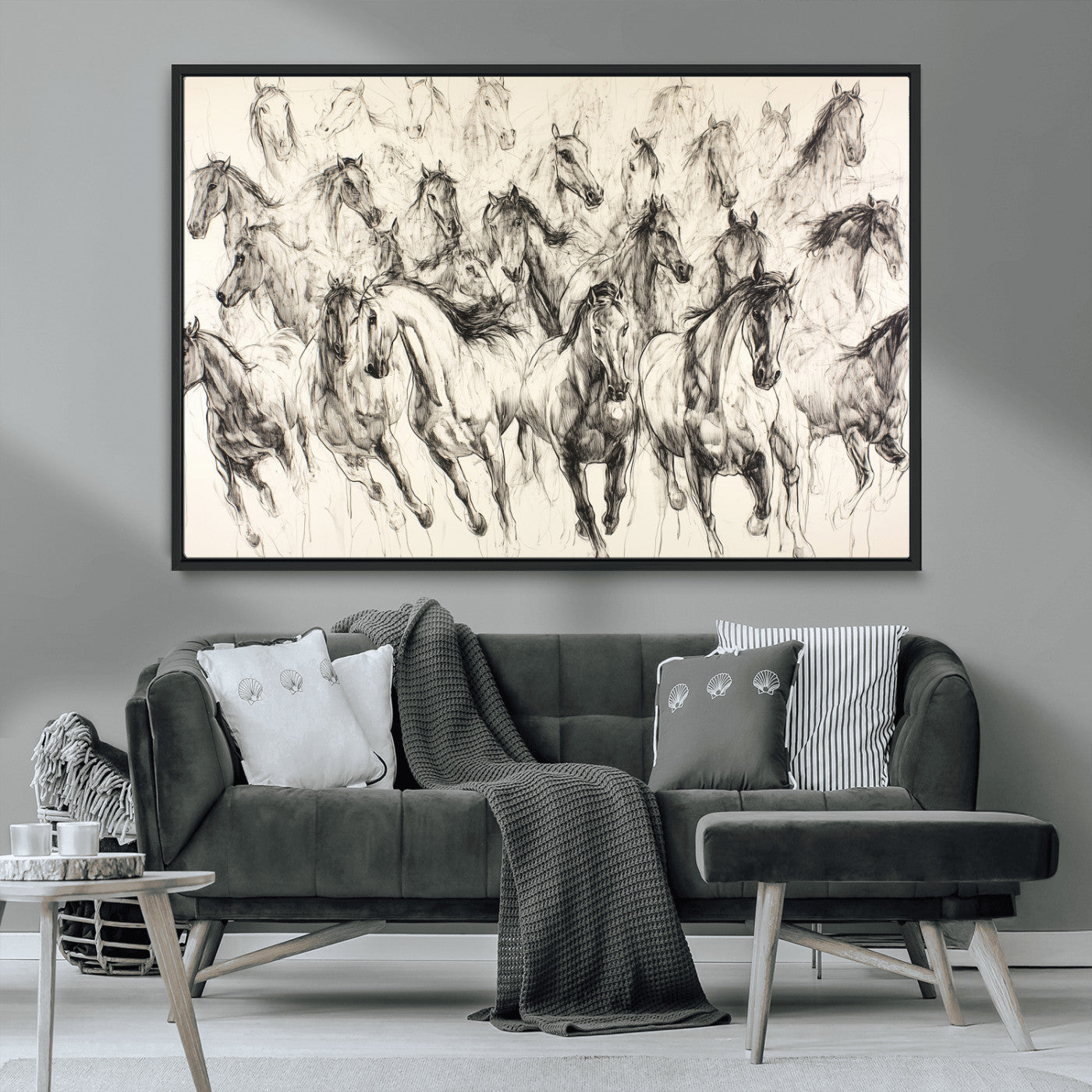 19433417-MGV-CV-36X24-Running Horses Wall Art Canvas Print, Framed Horse Sketch Art Picture Print, Galloping Herd Perfect Monochrome Western Decor