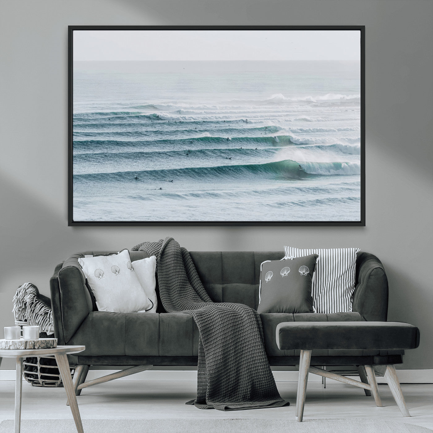 73969318-MGV-CV-36X24-Ocean Waves Wall Art Canvas Print, Framed Surfer Lineup Art Picture Print, Crowded Ocean Perfect Minimal Coastal Decor Artwork