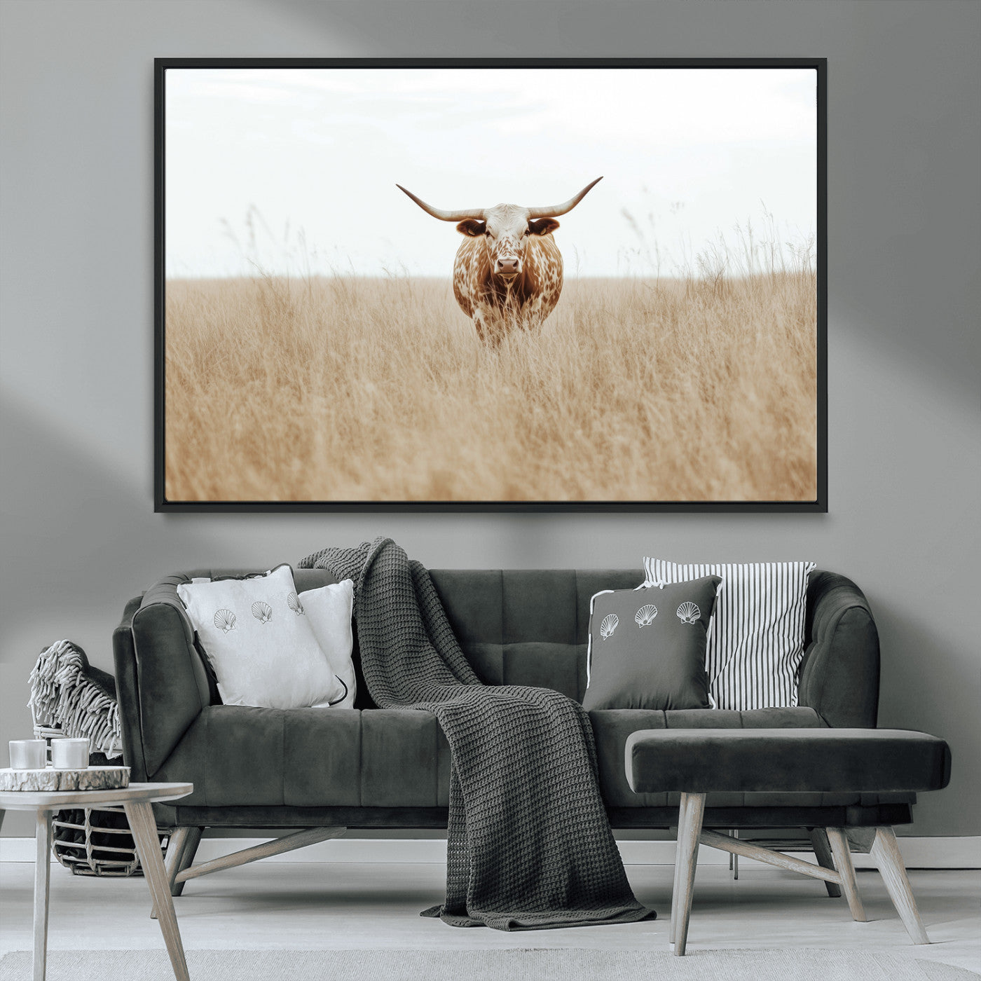 20927060-MGV-FC-36X24_Black-Texas Longhorn Wall Art Canvas Print, Framed Lone Cattle Art Picture Print, Longhorn Bull Perfect Rustic Western Decor Artwork