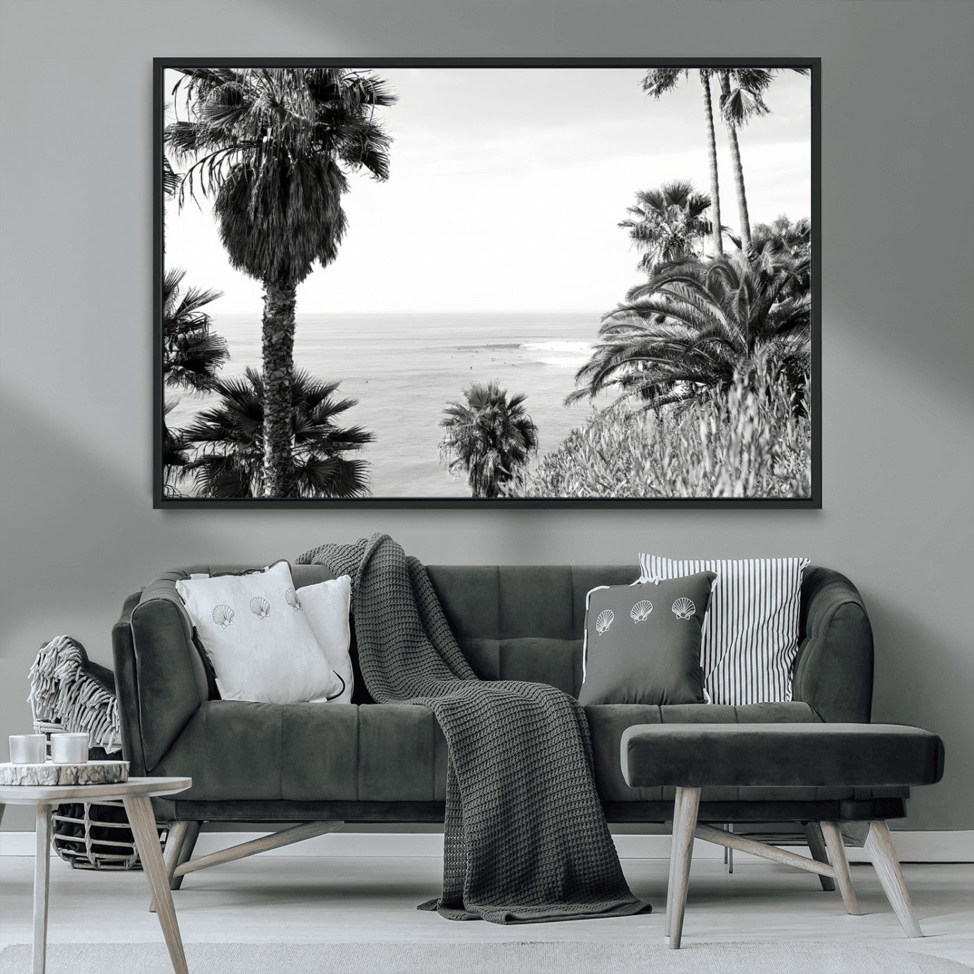 89458520-MGV-CV-36X24-Palm Trees Wall Art Canvas Print, Framed Coastal View Art Picture Print, Ocean Horizon Perfect Monochrome Coast Decor Artwork