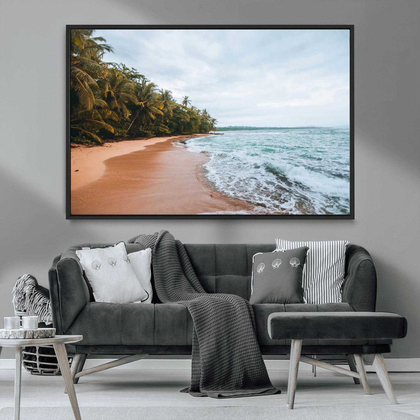 88125882-MGV-FC-36X24_Black-Tropical Shoreline Wall Art Canvas Print, Framed Palm Trees Art Picture Print, Tropical Ocean Perfect Tropical Coastal Decor